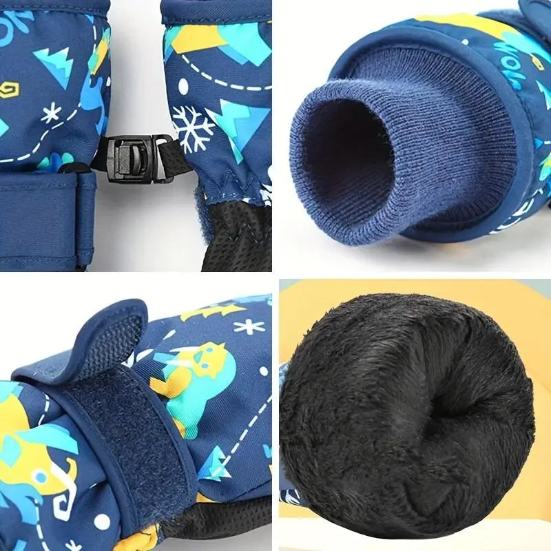 Kids' Thickened Full Hand Coldproof Ski Gloves, 4-5 Years+, Adjustable Wrist Strap, Colorful Designs, Warm for Skiing, Snowboarding