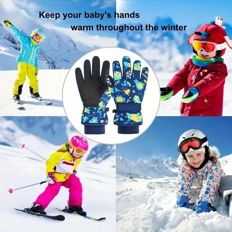 Kids' Thickened Full Hand Coldproof Ski Gloves, 4-5 Years+, Adjustable Wrist Strap, Colorful Designs, Warm for Skiing, Snowboarding