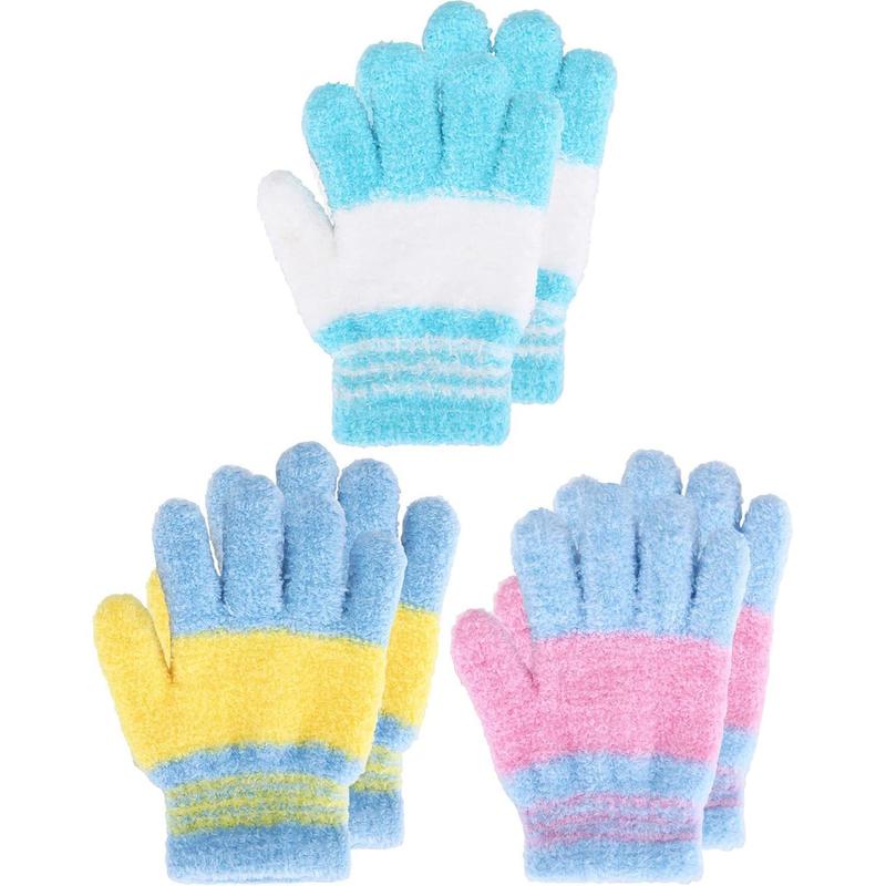 P-GCS019 3 Pairs Kids Winter Knit Gloves Stretchy Full Finger Fluffy Mittens for Toddler Boys Girls 1-11 Years