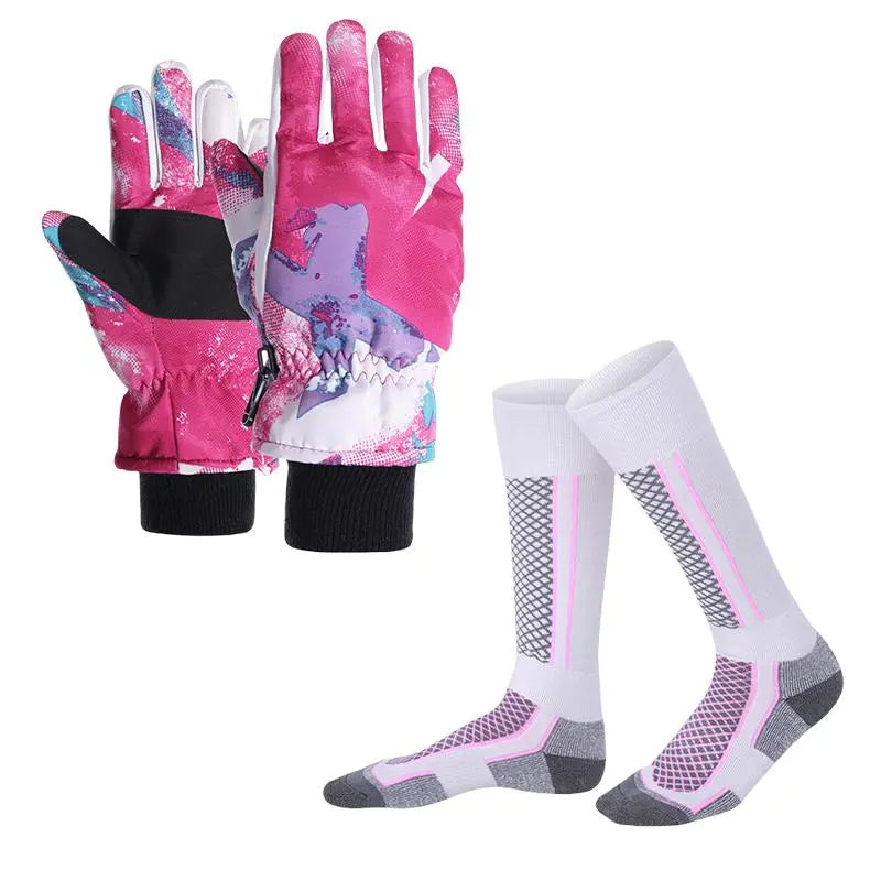 Kids' Athletic 2-Piece Ski Gloves & Socks Set - Waterproof, Warm, Windproof Sport Mittens for Boys & Girls, One Size Fits, Polyester, Winter Sports Outdoor Use (Set Includes Gloves)