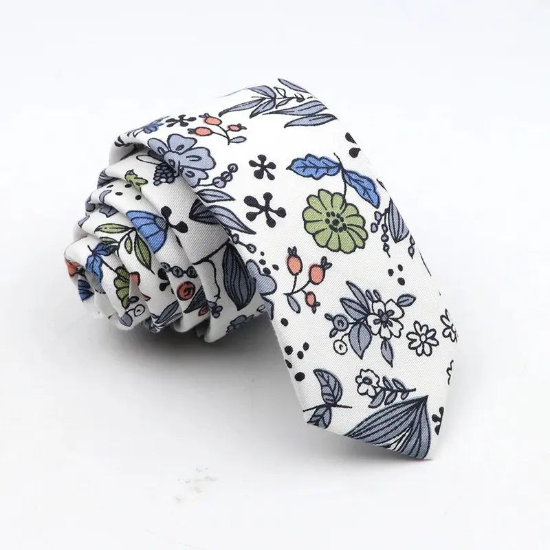 Men's Skinny Floral Cotton Necktie - Classic Print Adult Male Clothing Accessory for Weddings, Casual Suit Outfits