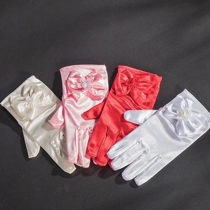 4-13Y Children Satin Bow Gloves Girls Flower White Pink Gloves Princess Birthday Glof Student Etiquette Stage Performance Glof