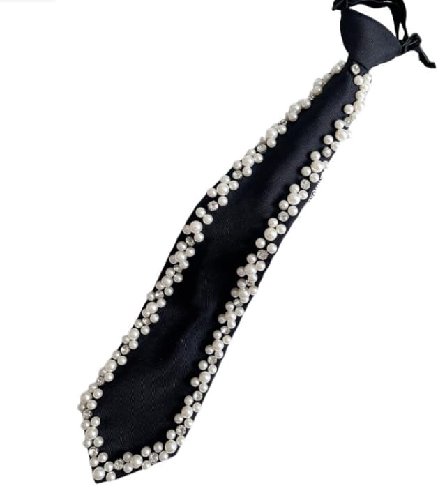 Women Faux Pearl Bow Tie, Black Silk Necktie, Adjustable Pre-tied Neck Tie with Rhinestones, Formal Wear for Women