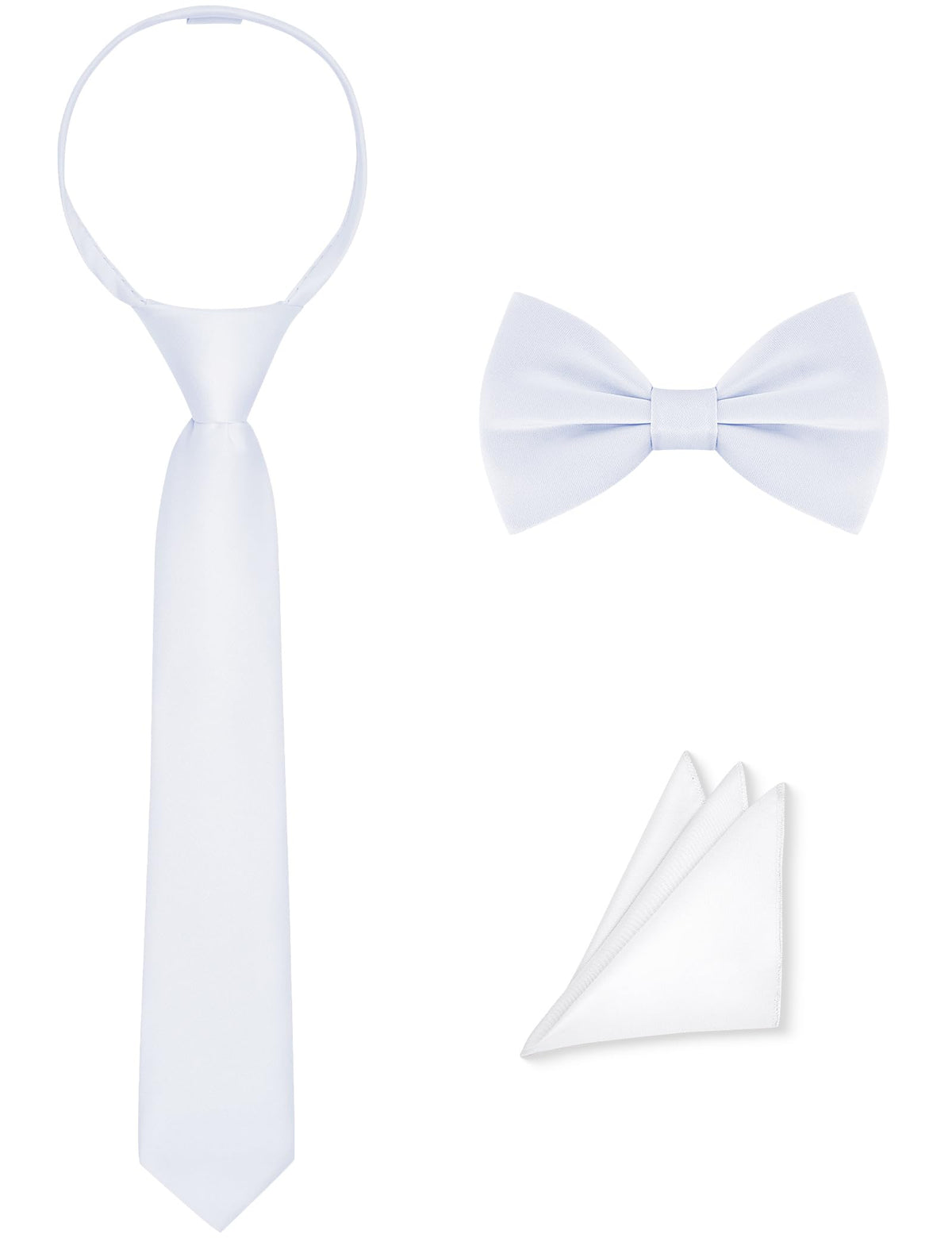 Pre-Tied Boys Set: Necktie, Bow Tie, Pocket Square | Adjustable Zipper Tie | Stain Formal Wear for Wedding Party