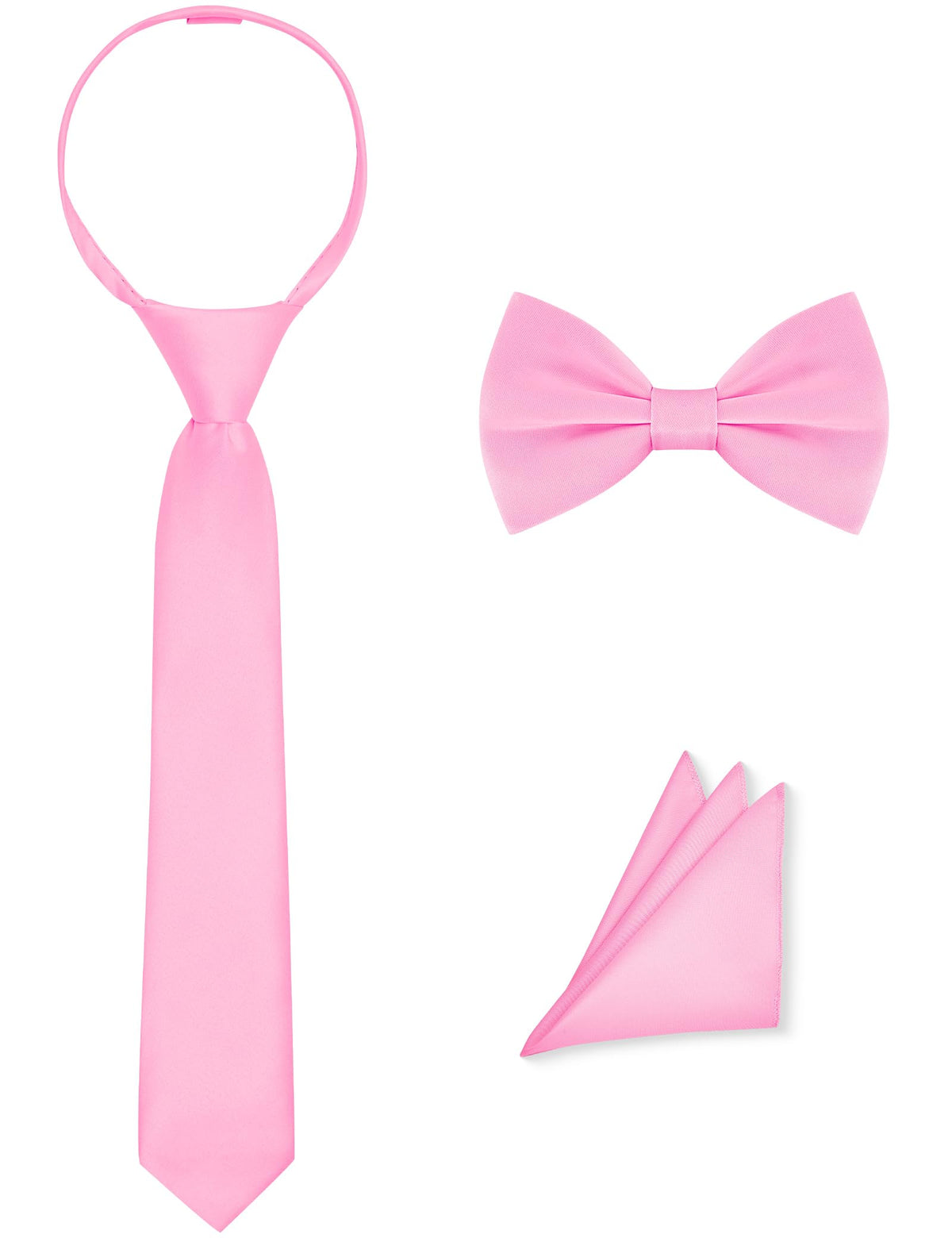 Pre-Tied Boys Set: Necktie, Bow Tie, Pocket Square | Adjustable Zipper Tie | Stain Formal Wear for Wedding Party