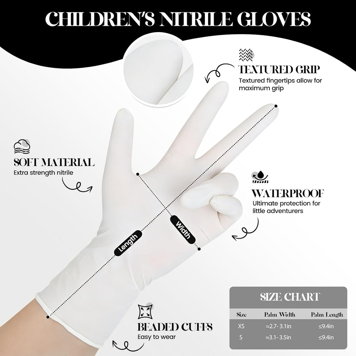 Kids Disposable Gloves, 5-Mil Safe White Nitrile, Small, 50Ct