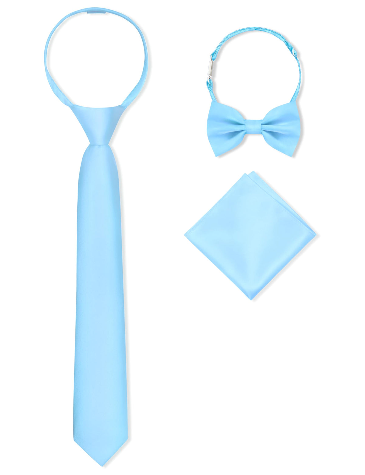Boys Pre-tied Zipper Tie Elastic Strap Bowtie and Pocket Square 3-piece For Age 1-16 Years With Gift Box