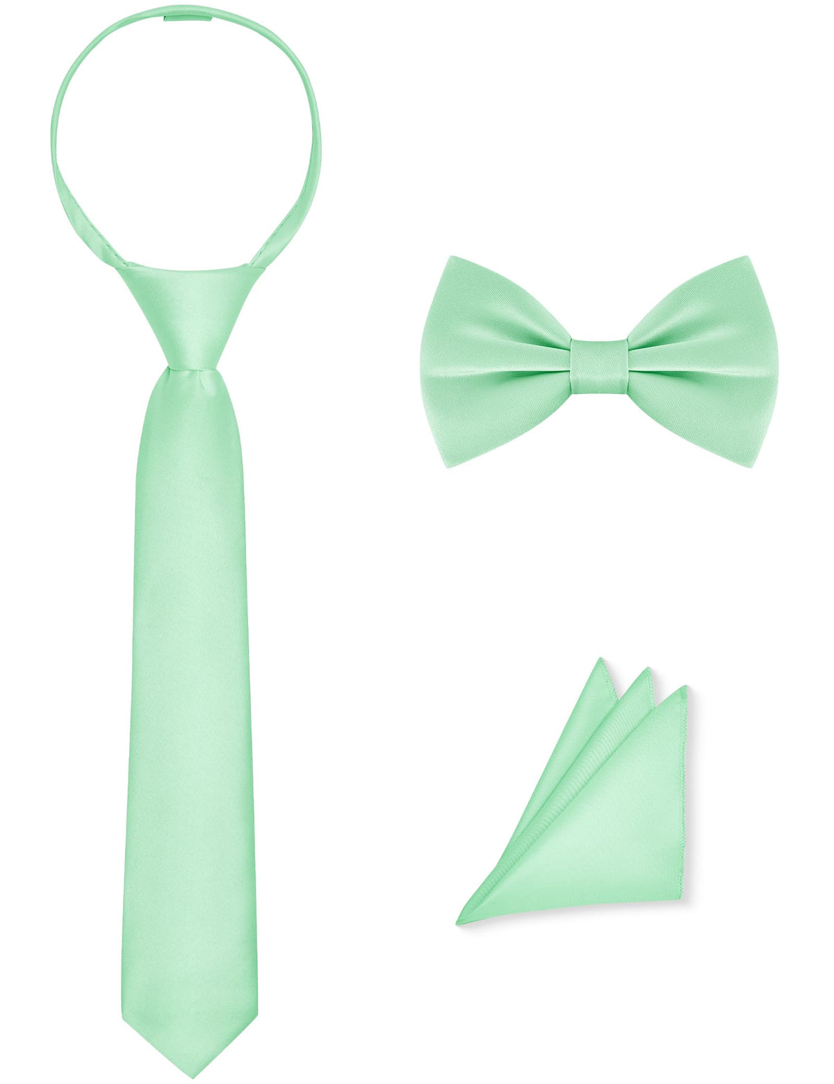 Pre-Tied Boys Set: Necktie, Bow Tie, Pocket Square | Adjustable Zipper Tie | Stain Formal Wear for Wedding Party