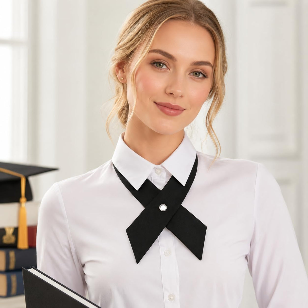 Eohak Women Bow Tie School Uniform Adjustable Solid Color Pre Tied Bowtie