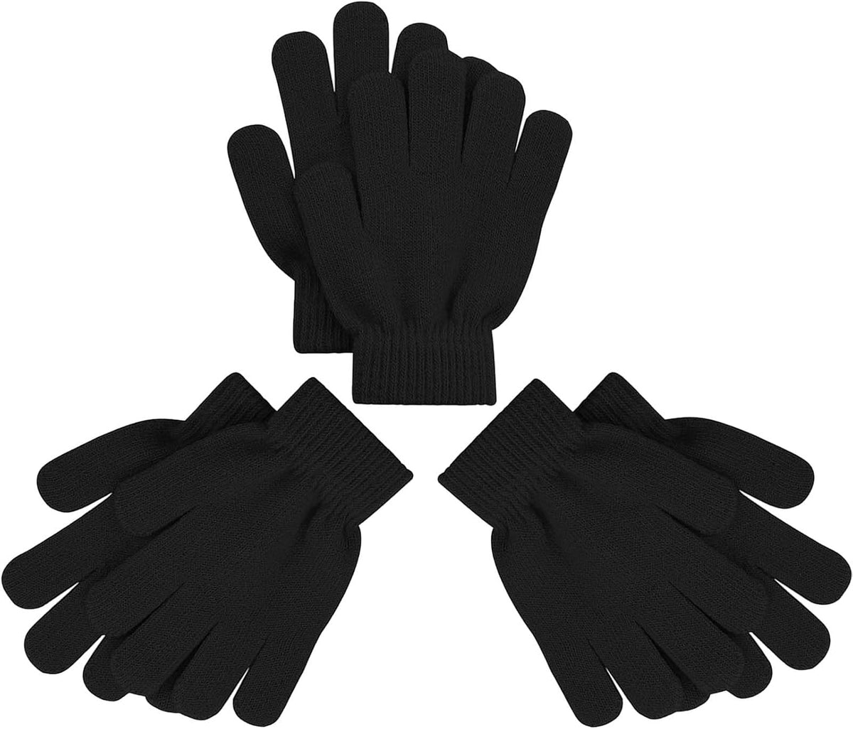 3 Pairs Magic Gloves Kids 3-12 Boys Girls Black Knit Gloves Warm Winter