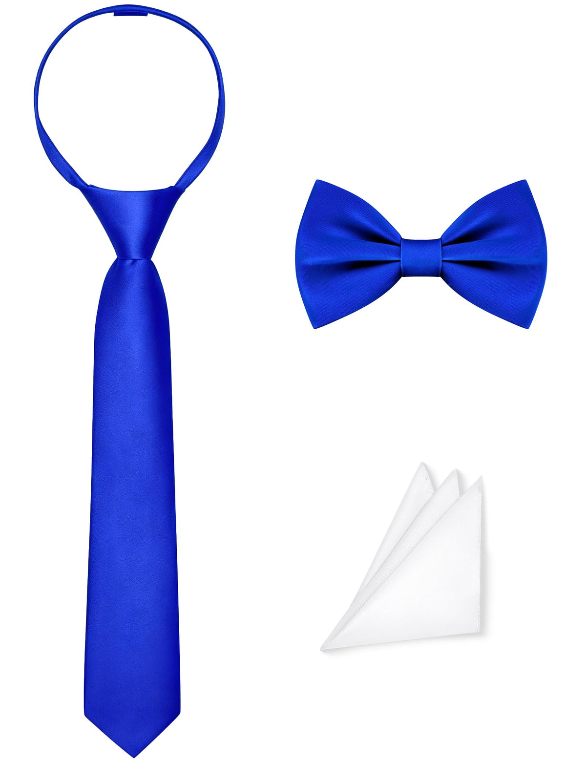 Pre-Tied Boys Set: Necktie, Bow Tie, Pocket Square | Adjustable Zipper Tie | Stain Formal Wear for Wedding Party