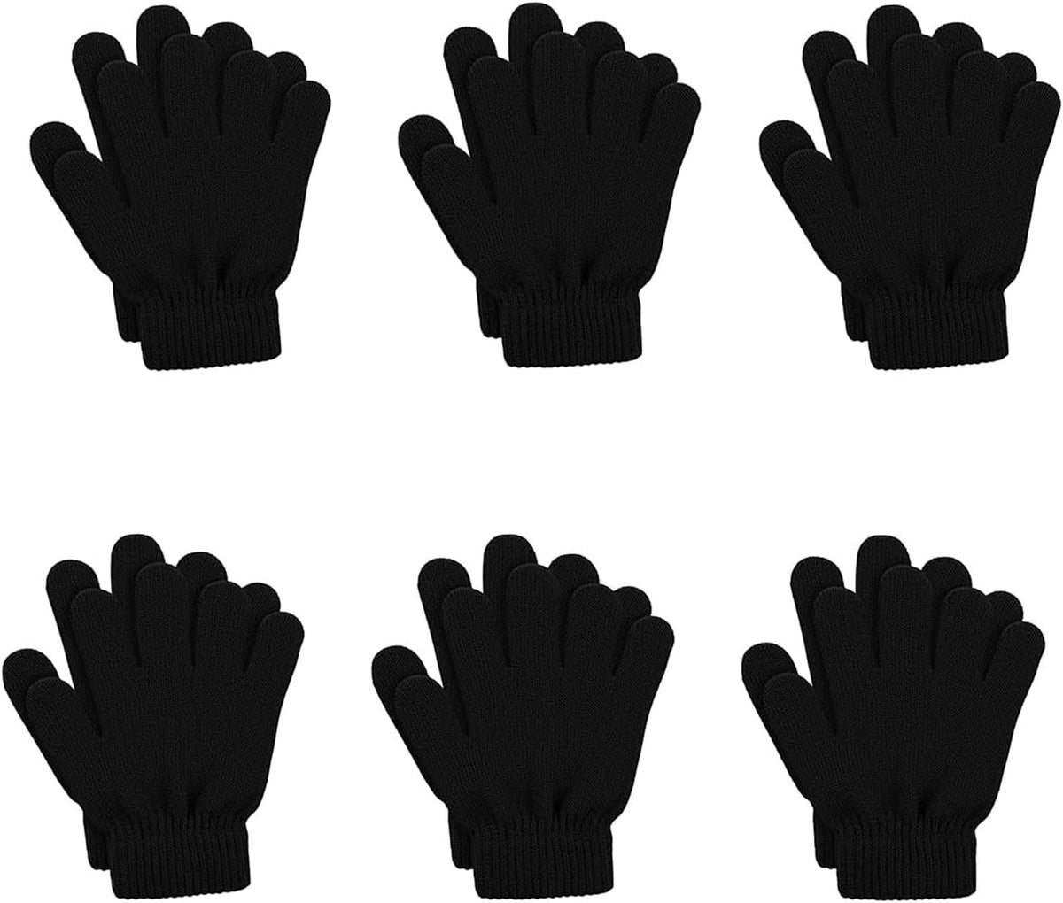 6 Pairs Kids Gloves Winter Warm Unisex Toddler Black Knit Gloves