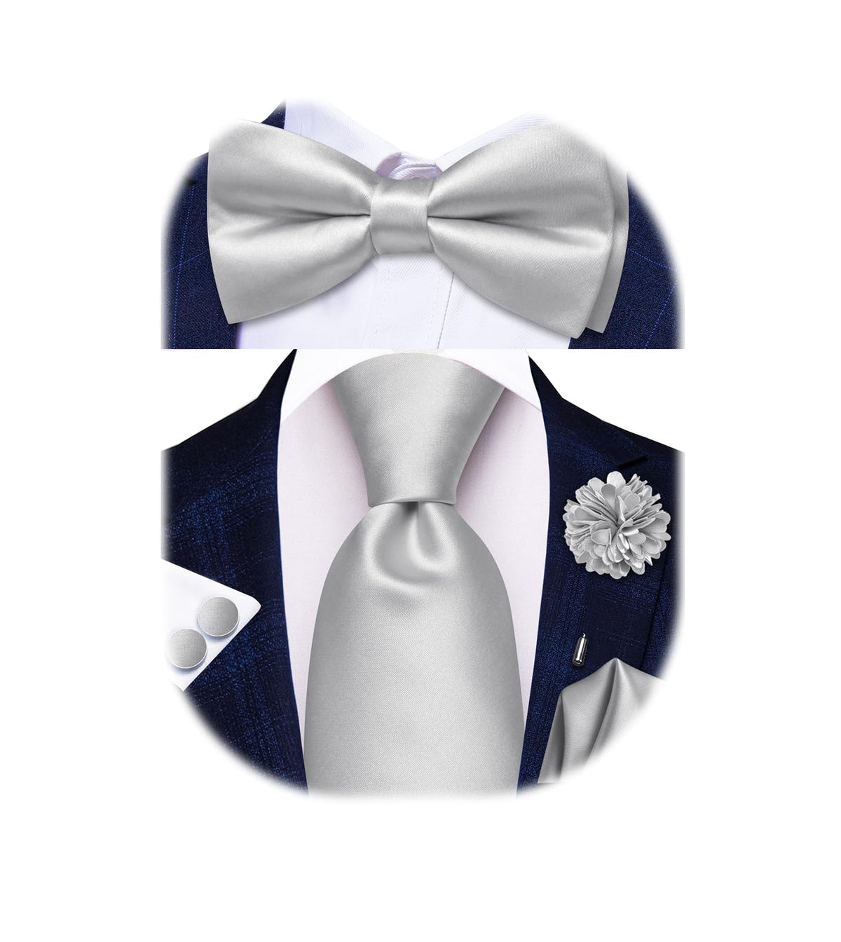 5Pcs Mens Solid Tie Satin Bowtie Lapel Pin Handkerchief Cufflink