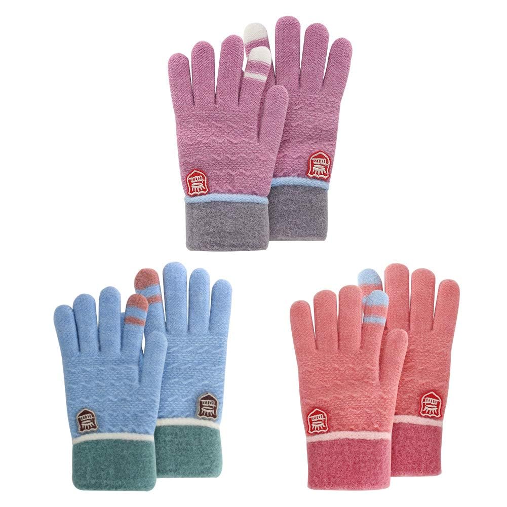 Kids Winter Gloves for Boys Girls, 3 Pairs Children Warm Wool Lined Gloves Toddler Thermal Knitted Mittens