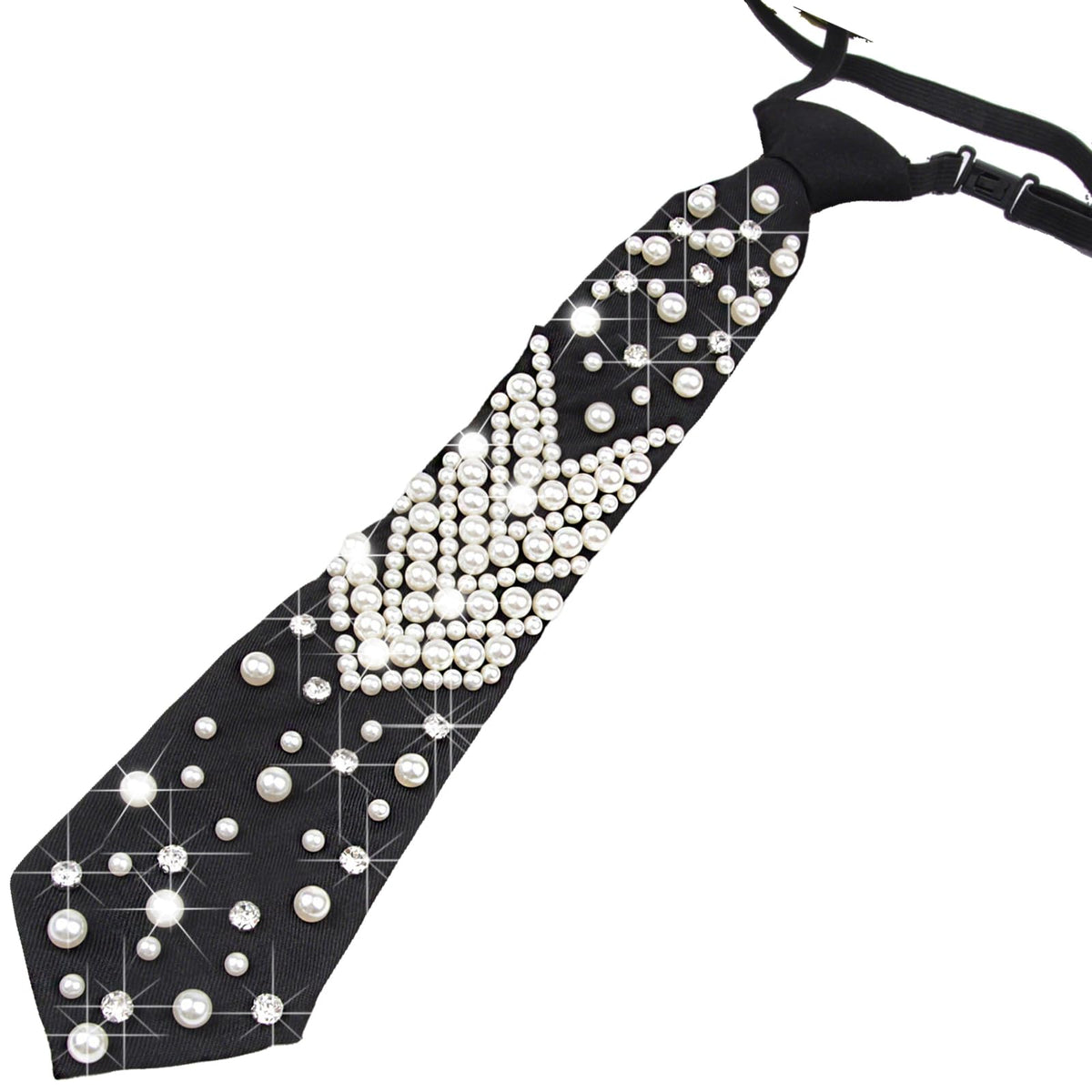 Women Faux Pearl Bow Tie, Black Silk Necktie, Adjustable Pre-tied Neck Tie with Rhinestones, Formal Wear for Women