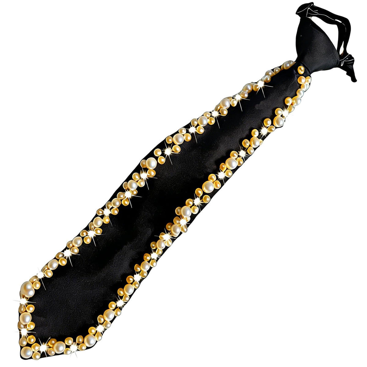 Women Faux Pearl Bow Tie, Black Silk Necktie, Adjustable Pre-tied Neck Tie with Rhinestones, Formal Wear for Women