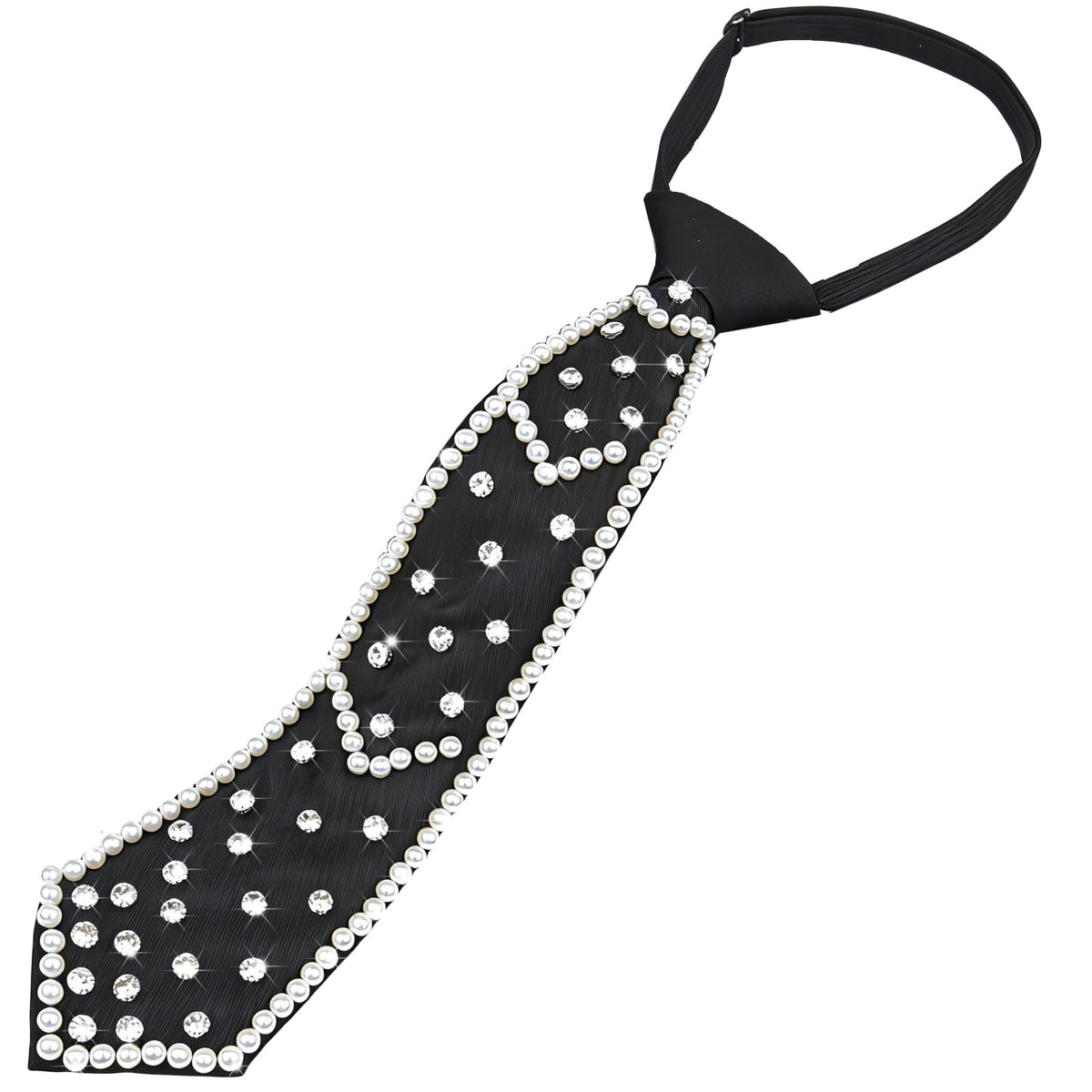 Women Faux Pearl Bow Tie, Black Silk Necktie, Adjustable Pre-tied Neck Tie with Rhinestones, Formal Wear for Women