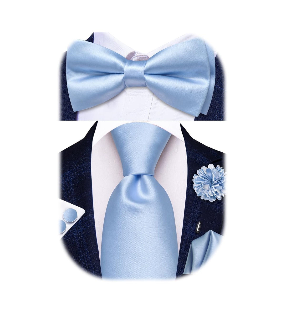 5Pcs Mens Solid Tie Satin Bowtie Lapel Pin Handkerchief Cufflink