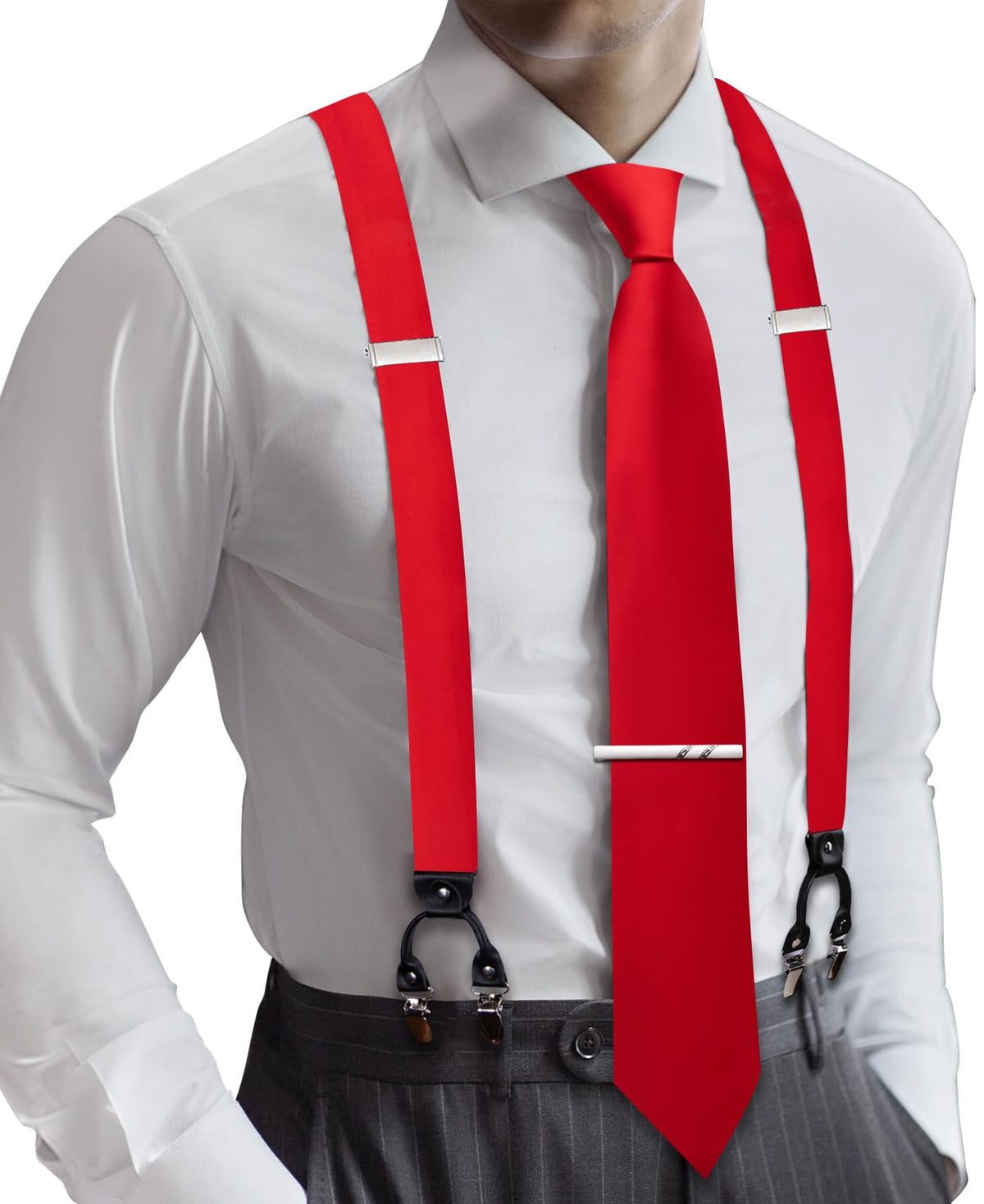Barry.Wang Men Suspender Tie Sets Elastic Heavy 6 Clips Hanky Cufflink 5PCS