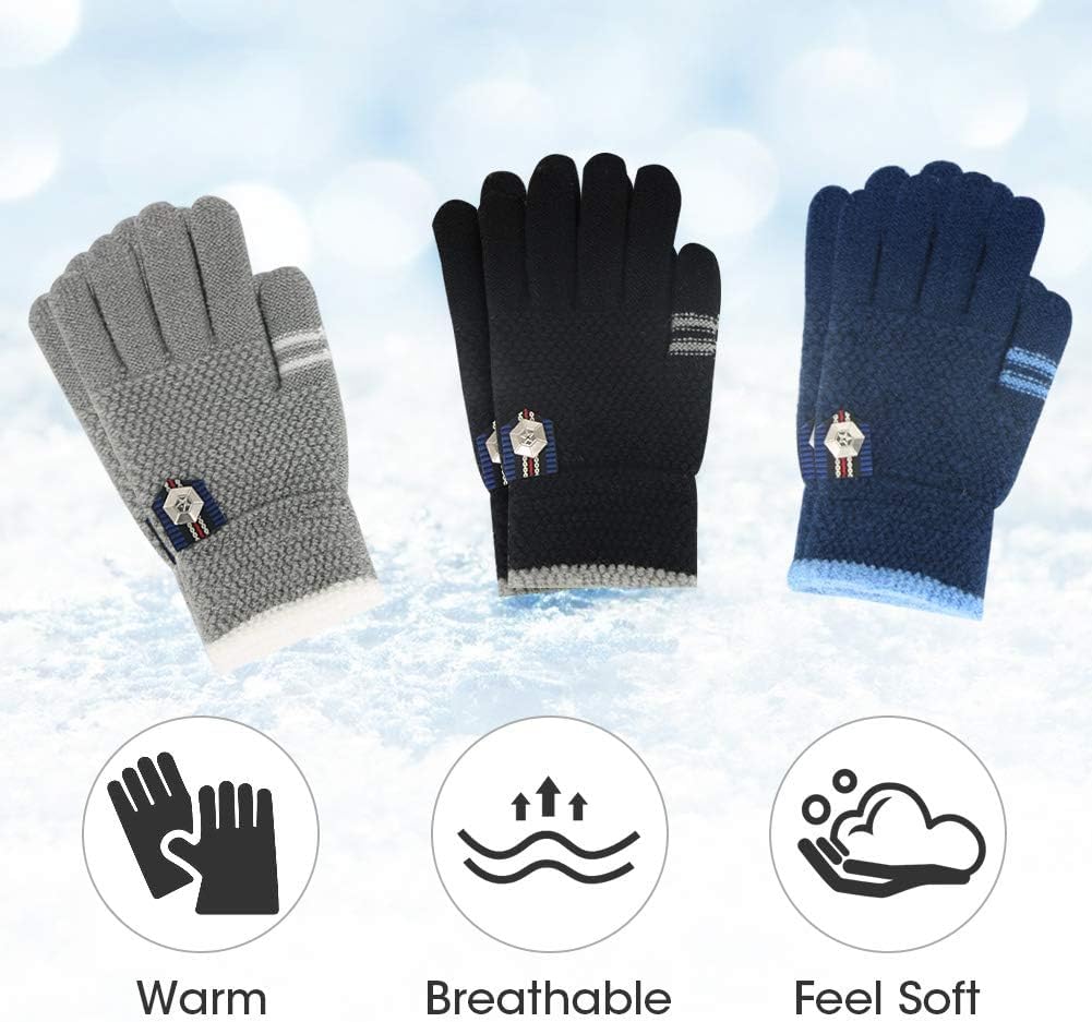 Kids Winter Gloves for Boys Girls, 3 Pairs Children Warm Wool Lined Gloves Toddler Thermal Knitted Mittens