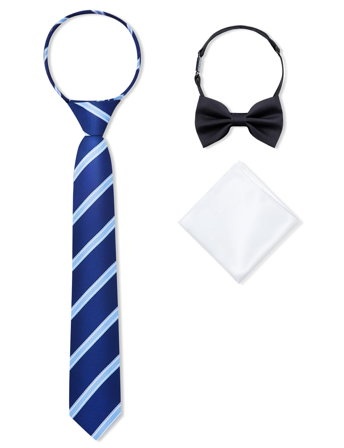 Boys Pre-tied Zipper Tie Elastic Strap Bowtie and Pocket Square 3-piece For Age 1-16 Years With Gift Box