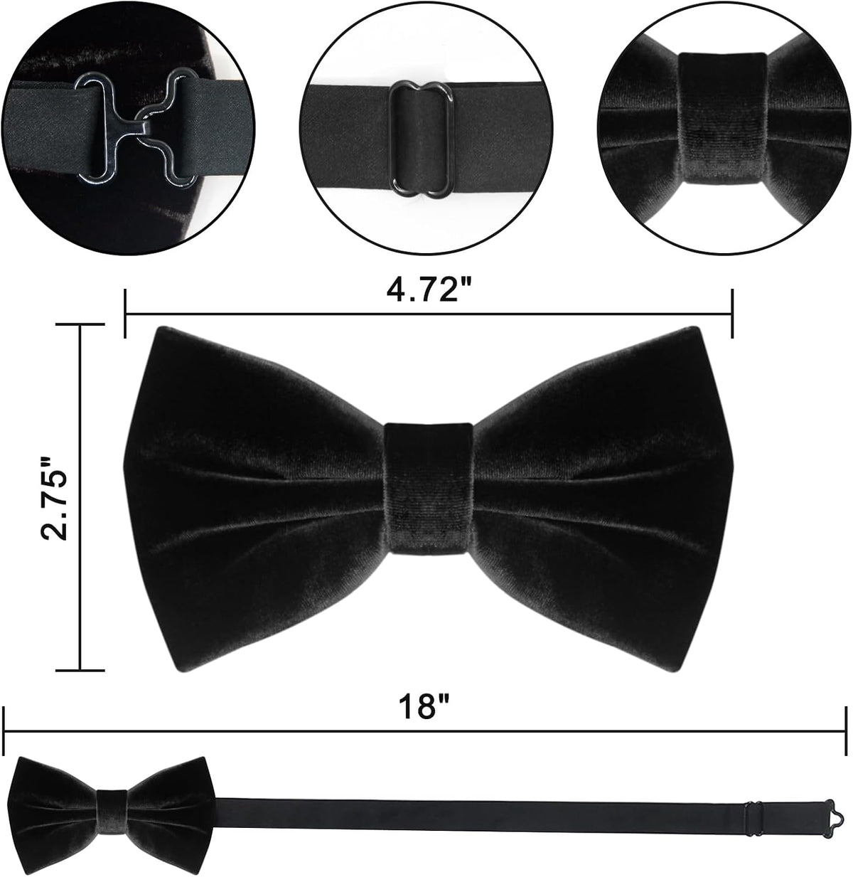Luckyvestir Men's Velvet Bow Tie, Pre-Tied Adjustable Bowties, Silk Black Neckties for Men Women for Party Business Gift