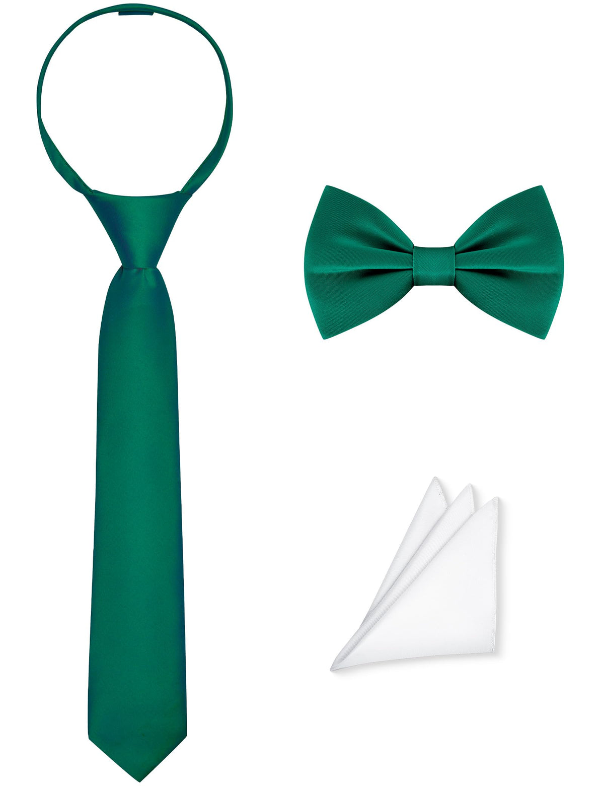 Pre-Tied Boys Set: Necktie, Bow Tie, Pocket Square | Adjustable Zipper Tie | Stain Formal Wear for Wedding Party