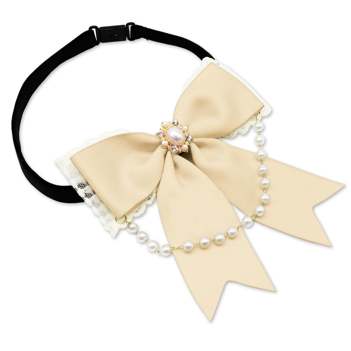 LJBFNN Black Bow Tie for Girls Women, School Girl Ties with Pearls Adjustable Pre-tied Kids Bowtie for Uniform Blouse Costume