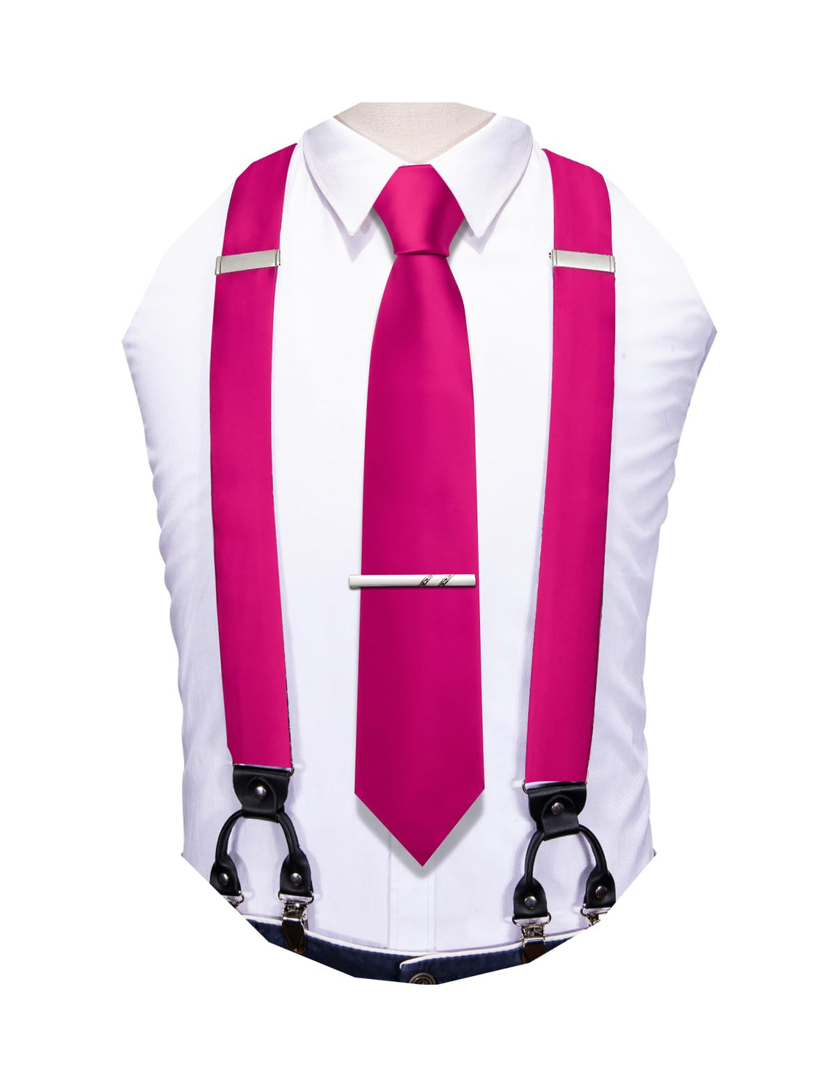 Barry.Wang Men Suspender Tie Sets Elastic Heavy 6 Clips Hanky Cufflink 5PCS
