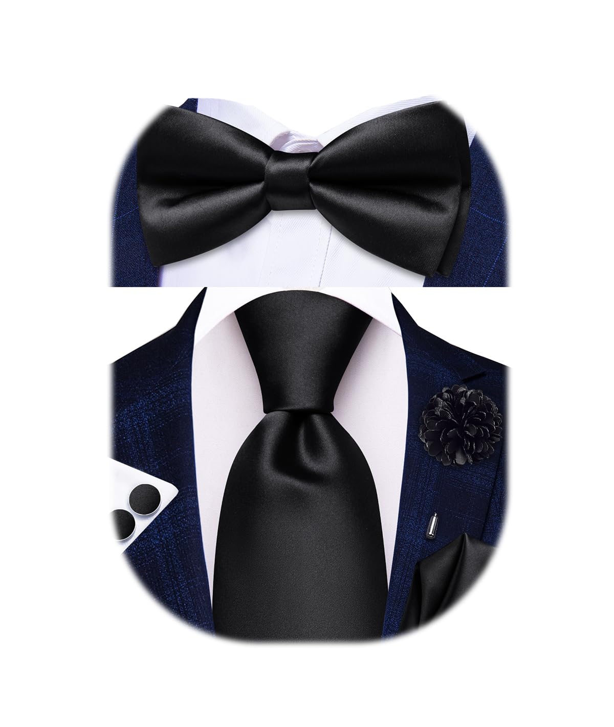 5Pcs Mens Solid Tie Satin Bowtie Lapel Pin Handkerchief Cufflink