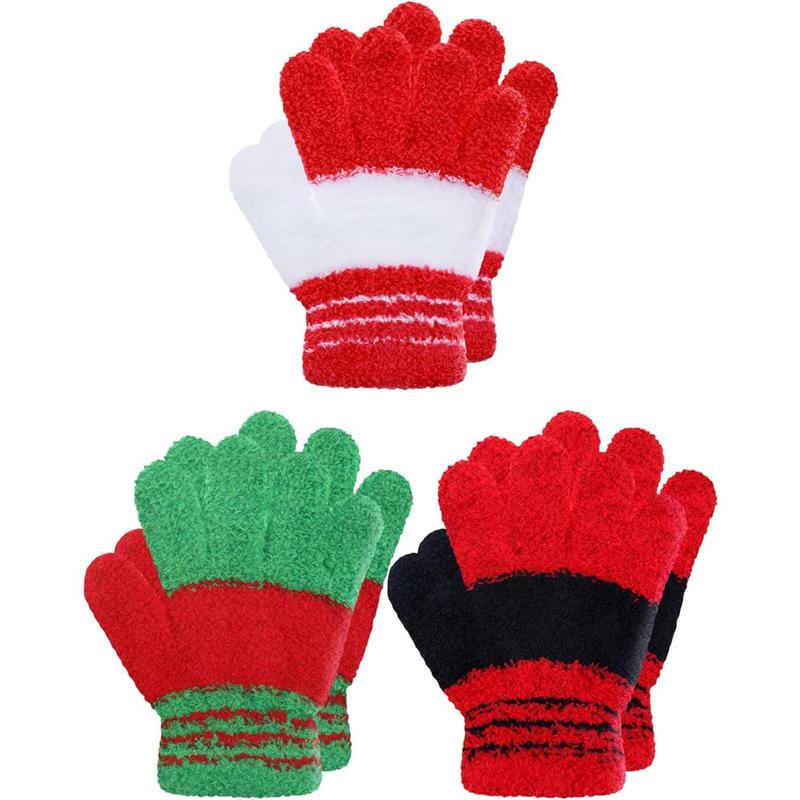 P-GCS019 3 Pairs Kids Winter Knit Gloves Stretchy Full Finger Fluffy Mittens for Toddler Boys Girls 1-11 Years