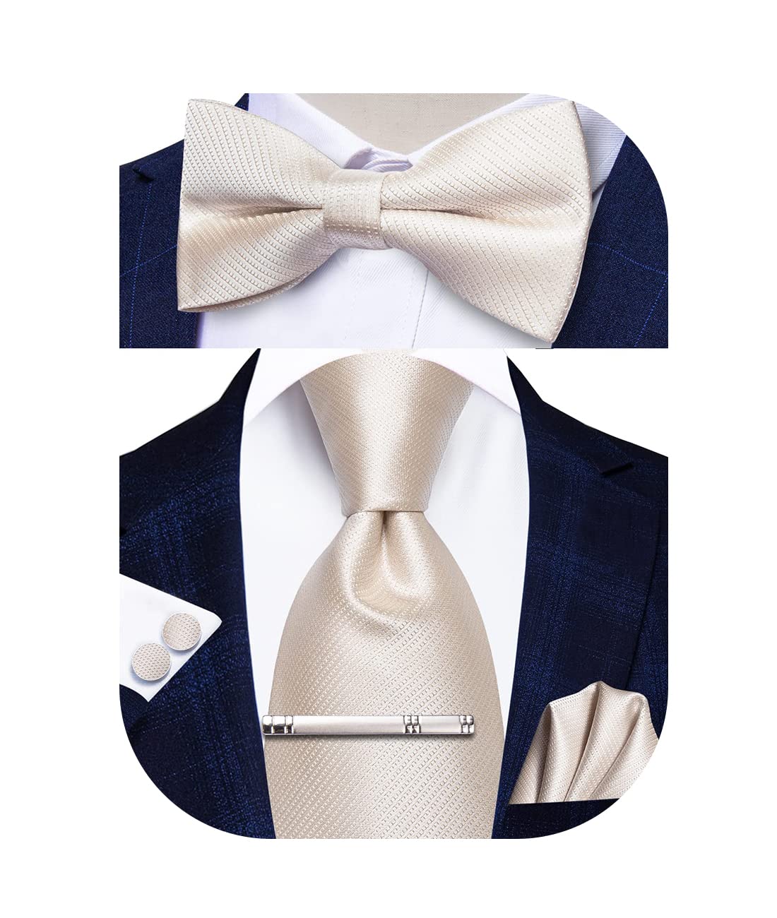 5Pcs Mens Solid Tie Satin Bowtie Lapel Pin Handkerchief Cufflink