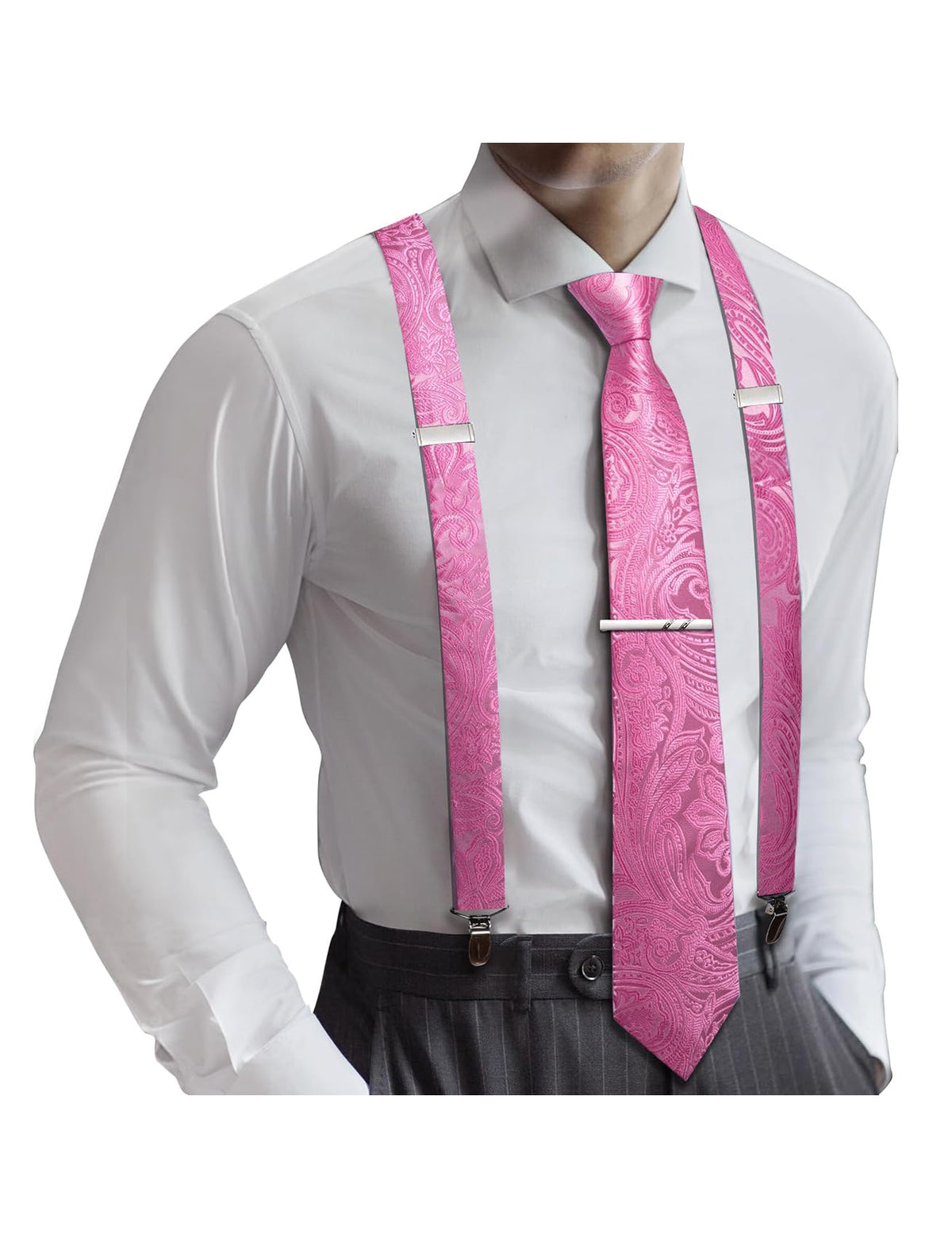 Barry.Wang Men Suspender Tie Sets Elastic Heavy 6 Clips Hanky Cufflink 5PCS