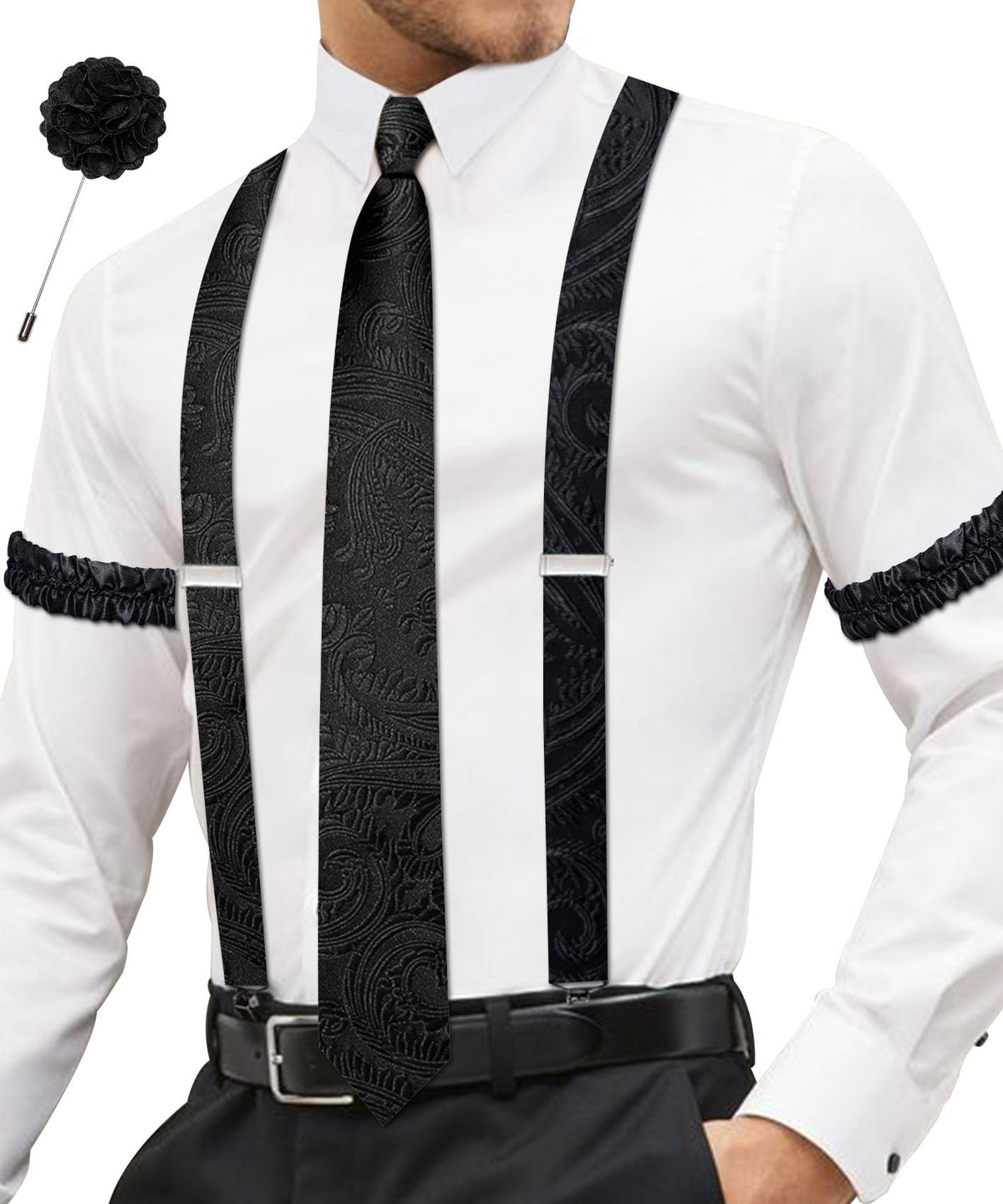 YOHOWA Suspenders for Men Tie Bowtie Set Adjustable Brace Handkerchief Cufflinks Strong Clip Elastic Band Wedding Party