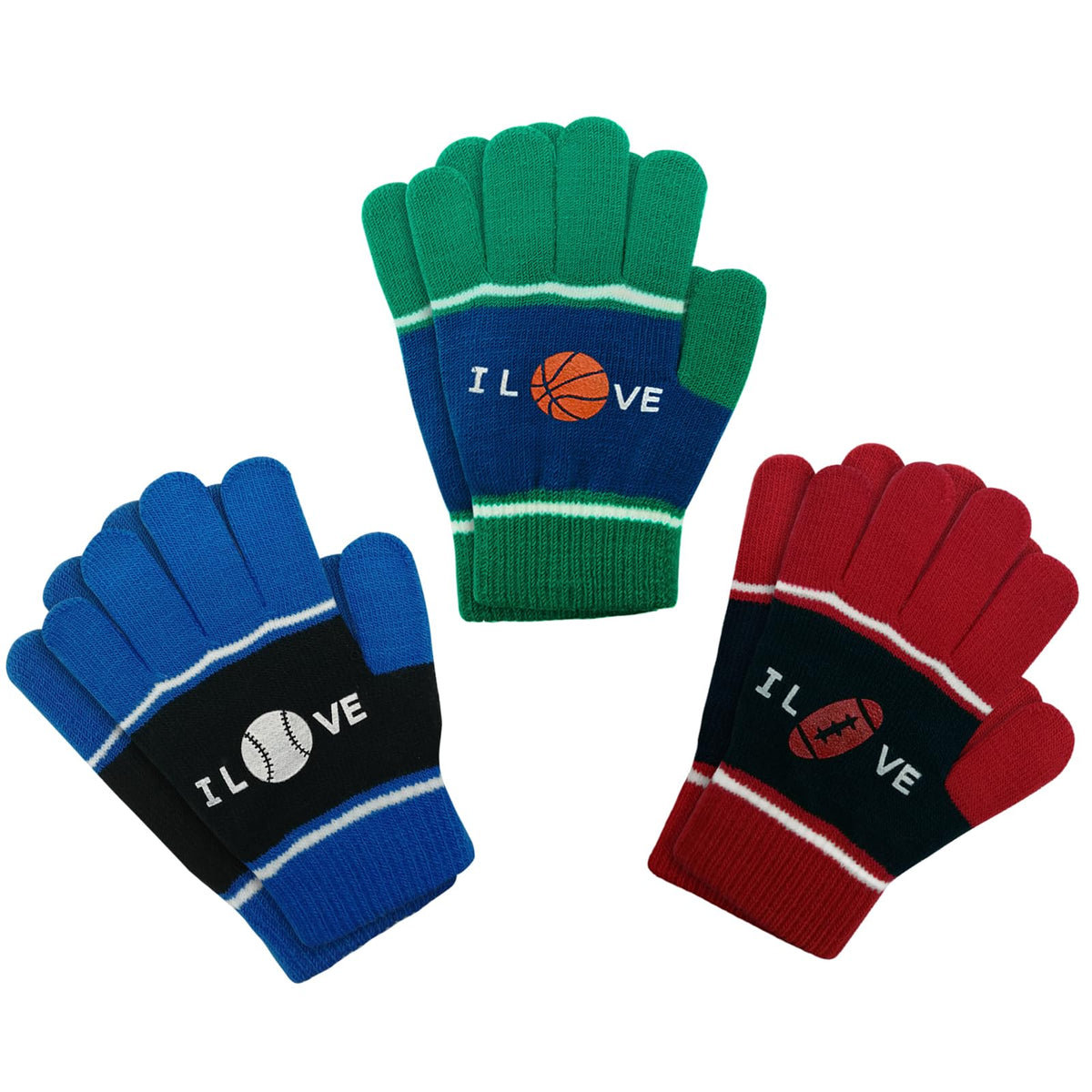 Evridwear Boys Girls Magic Stretch Gripper Gloves 3 Pair Pack Assortment, Kids One Size Winter Warm Gloves Children