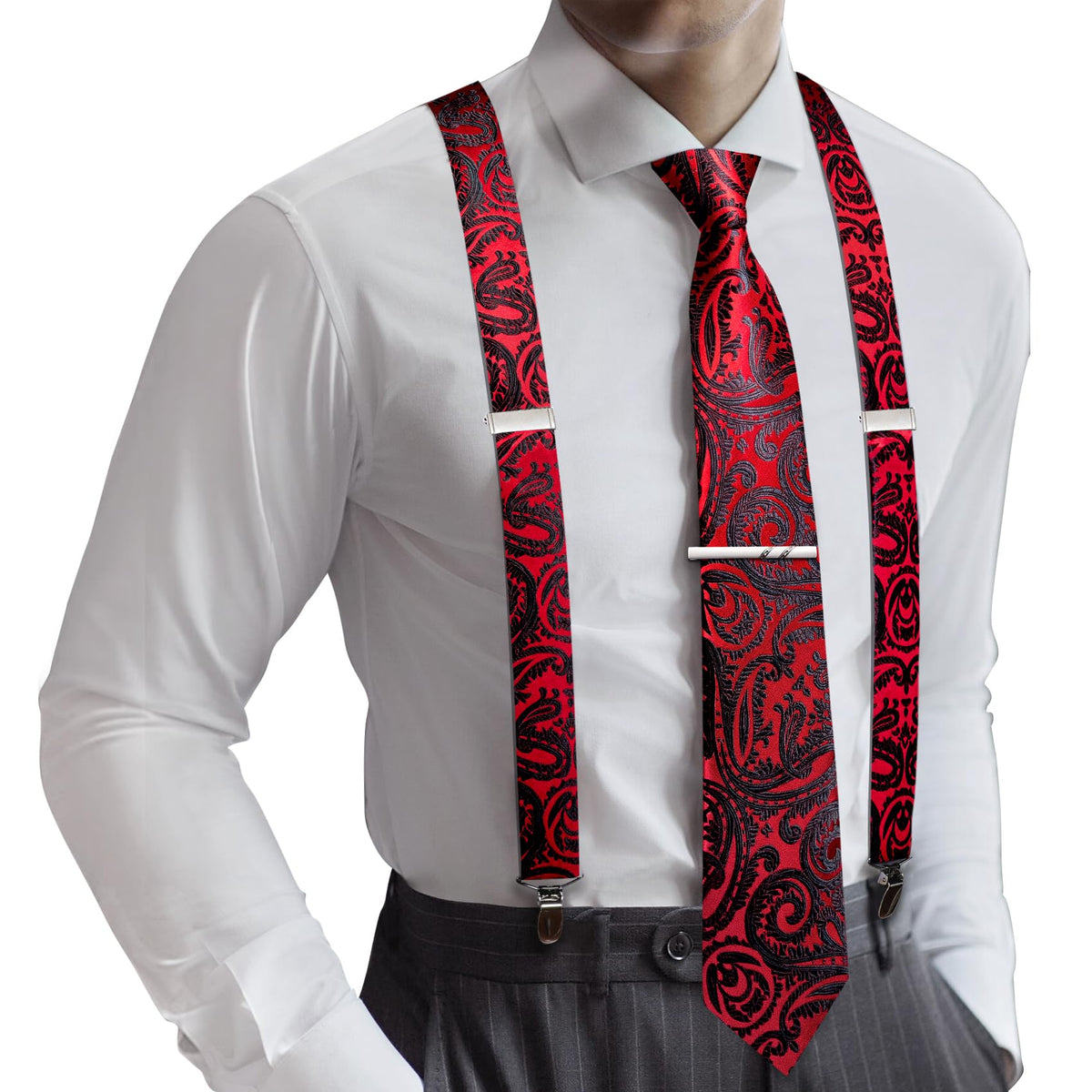 Barry.Wang Men Suspender Tie Sets Elastic Heavy 6 Clips Hanky Cufflink 5PCS