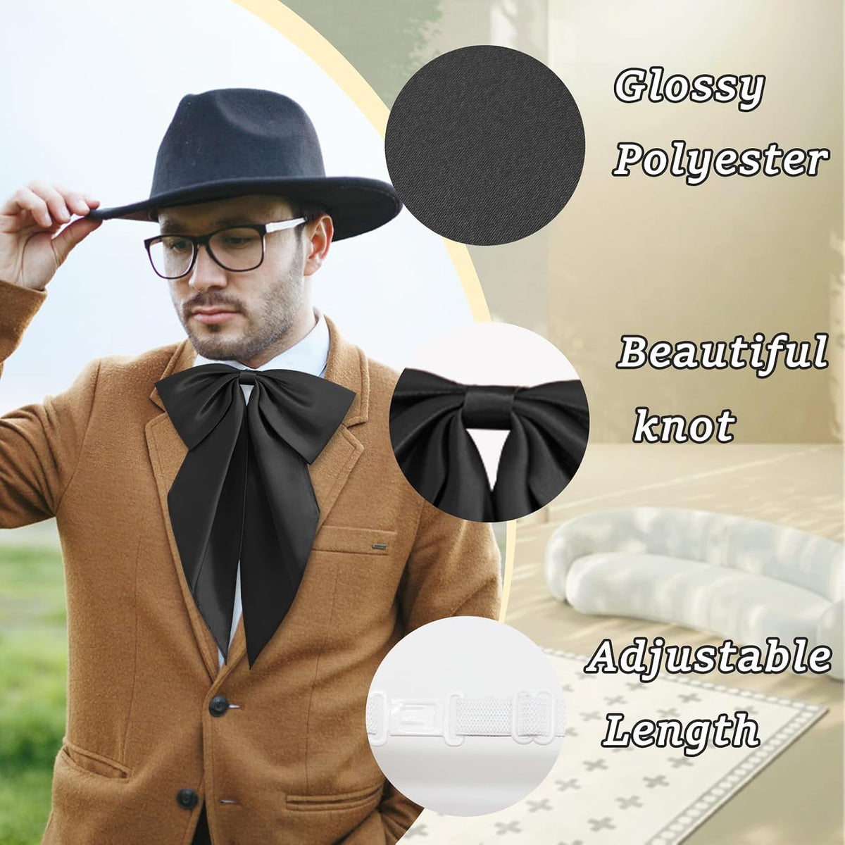 Satin Bow Ties for Women Men, Adjustable Big Womens Bowtie Pre-tied Large Bowties Cosplay Party Date Casual