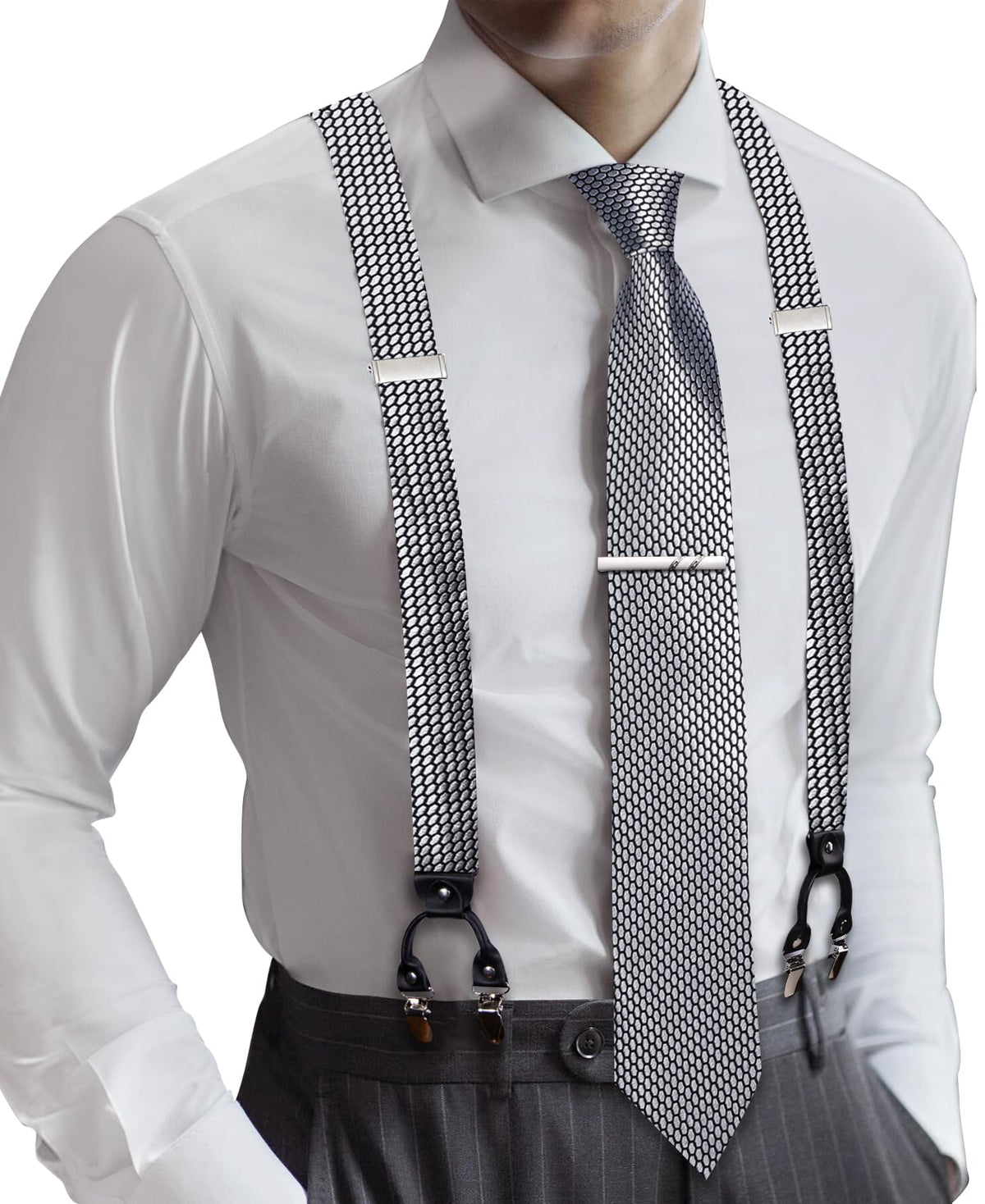 Barry.Wang Men Suspender Tie Sets Elastic Heavy 6 Clips Hanky Cufflink 5PCS