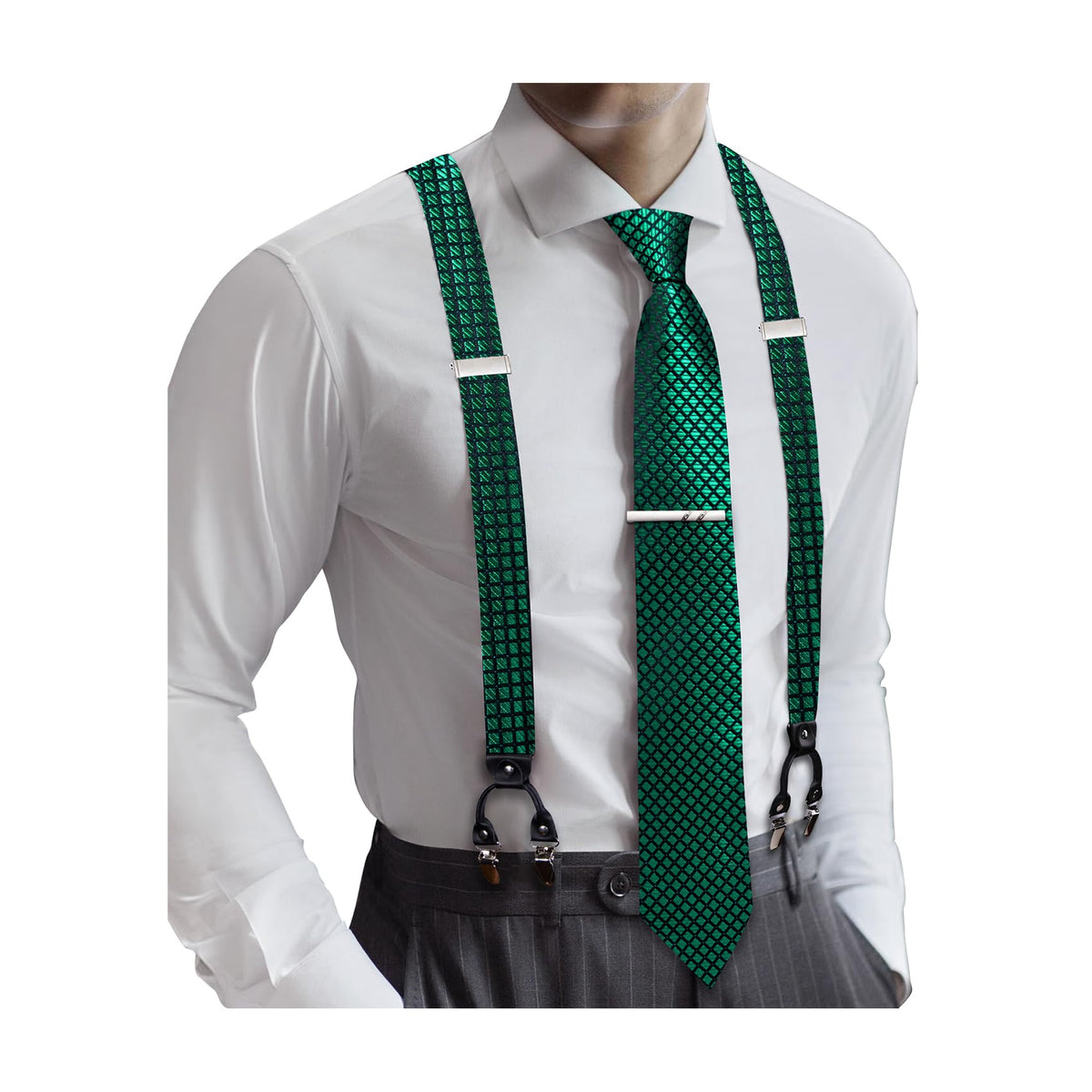 Barry.Wang Men Suspender Tie Sets Elastic Heavy 6 Clips Hanky Cufflink 5PCS