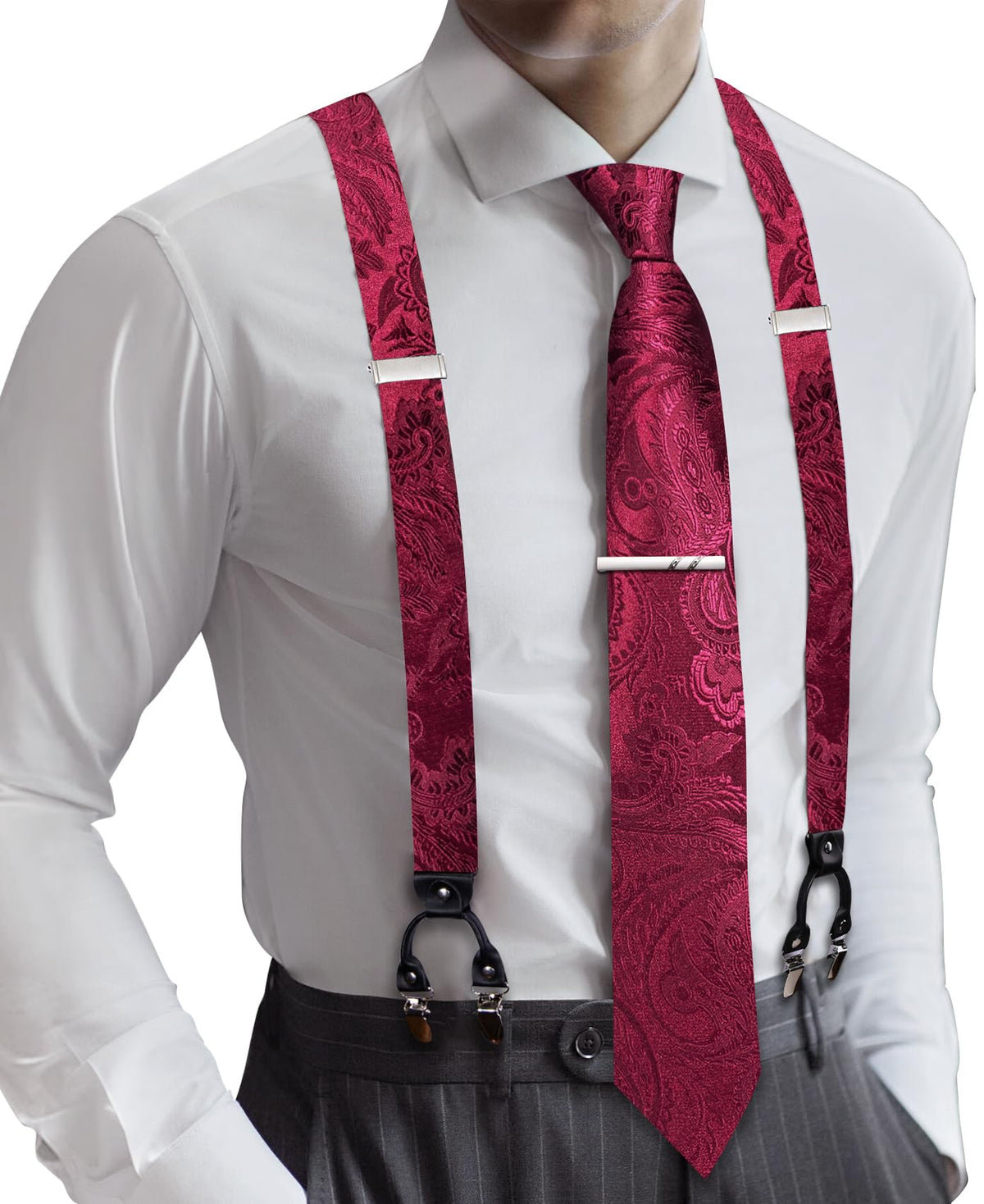 Barry.Wang Men Suspender Tie Sets Elastic Heavy 6 Clips Hanky Cufflink 5PCS