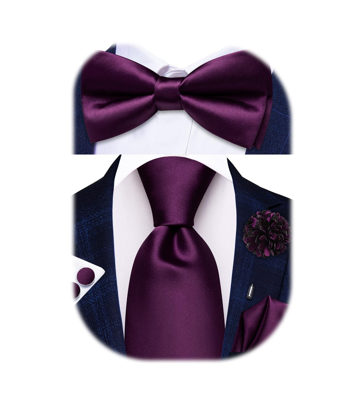 5Pcs Mens Solid Tie Satin Bowtie Lapel Pin Handkerchief Cufflink