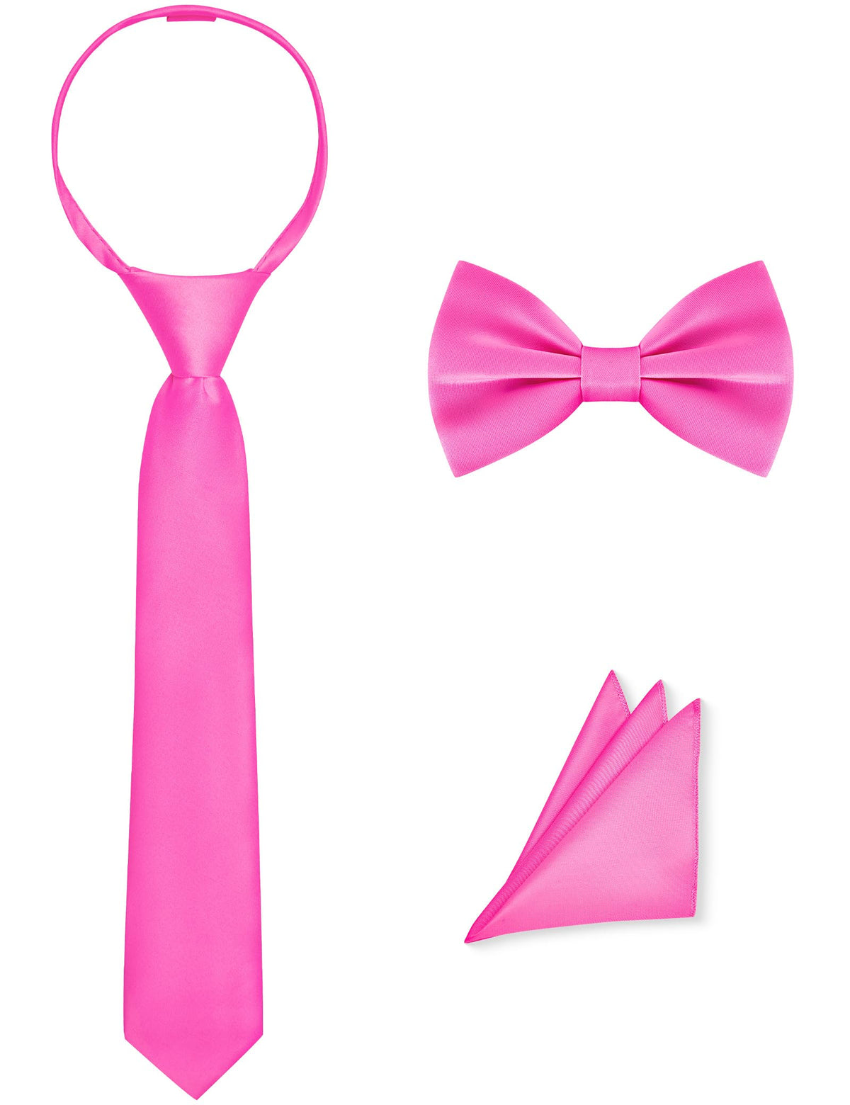 Pre-Tied Boys Set: Necktie, Bow Tie, Pocket Square | Adjustable Zipper Tie | Stain Formal Wear for Wedding Party