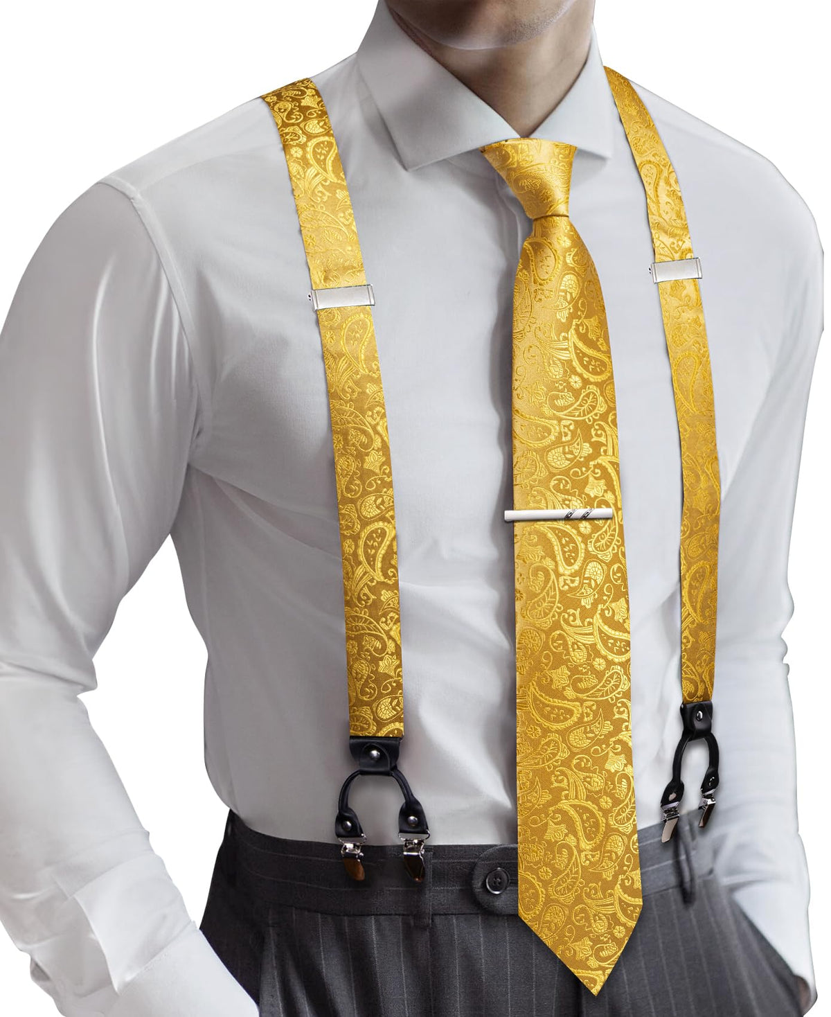Barry.Wang Men Suspender Tie Sets Elastic Heavy 6 Clips Hanky Cufflink 5PCS