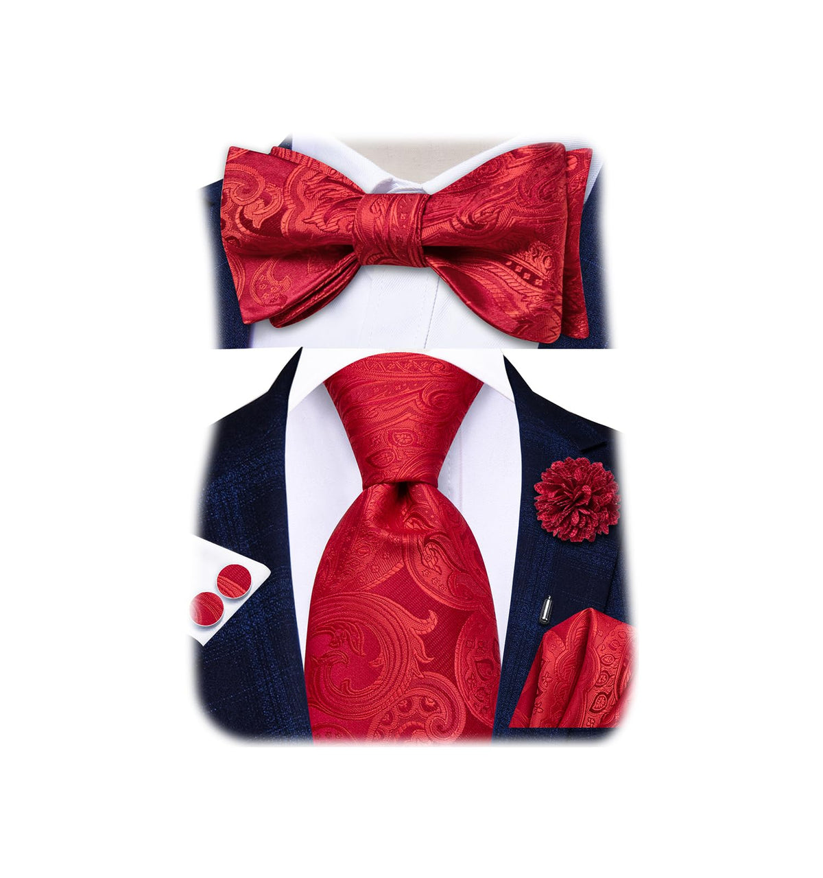 5Pcs Mens Solid Tie Satin Bowtie Lapel Pin Handkerchief Cufflink