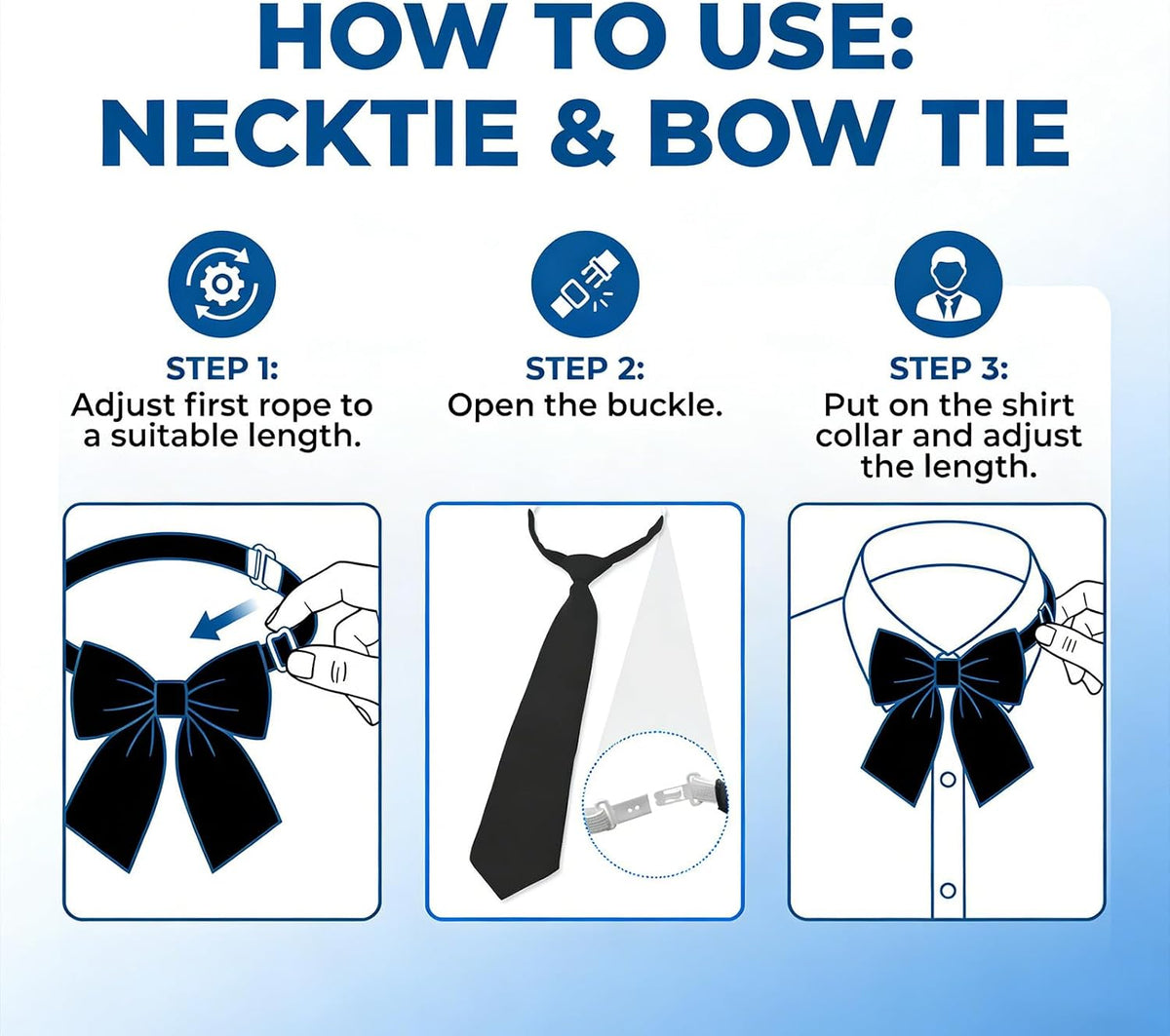 Chedin 2 Pcs Pre-Tied Adjustable Neckties for Women Men,Black Tie for Boys Girls,Formal Uniform Wedding Cosplay Neck Tie,Graduation School Uniforms