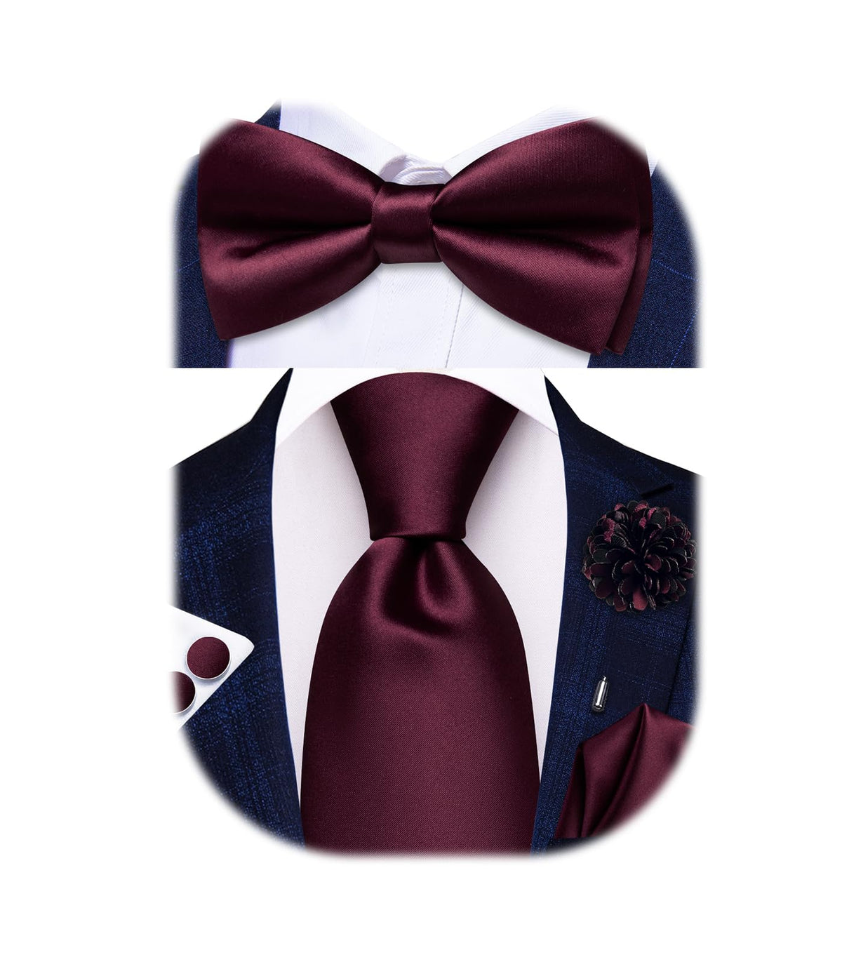 5Pcs Mens Solid Tie Satin Bowtie Lapel Pin Handkerchief Cufflink
