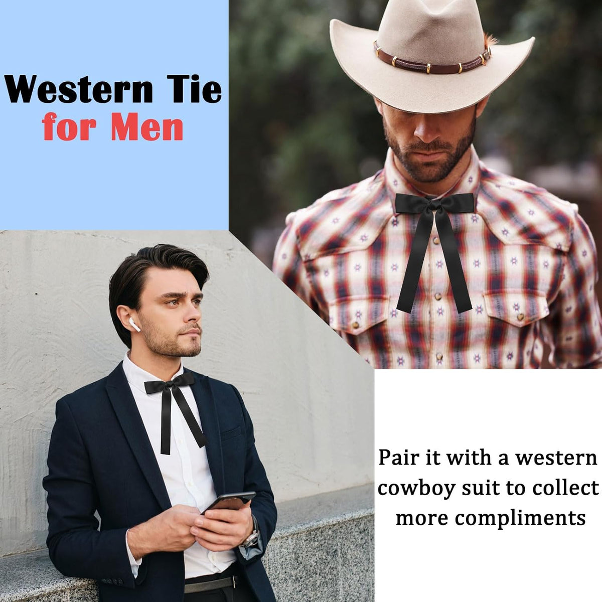 Luckyvestir Western Bow Ties for Men Women, Black/Red Colonel Satin Ribbon String Bow Tie for Costume Uniform
