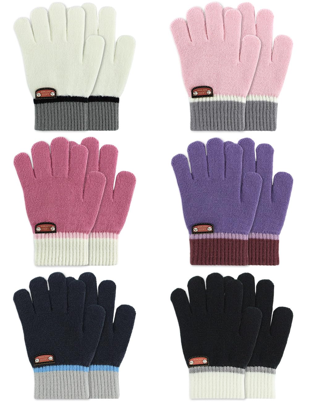 6 Pairs of Kids Gloves Knitted Wool Gloves Children Full Fingers Stretchy Warm Mittens for Boys Girls