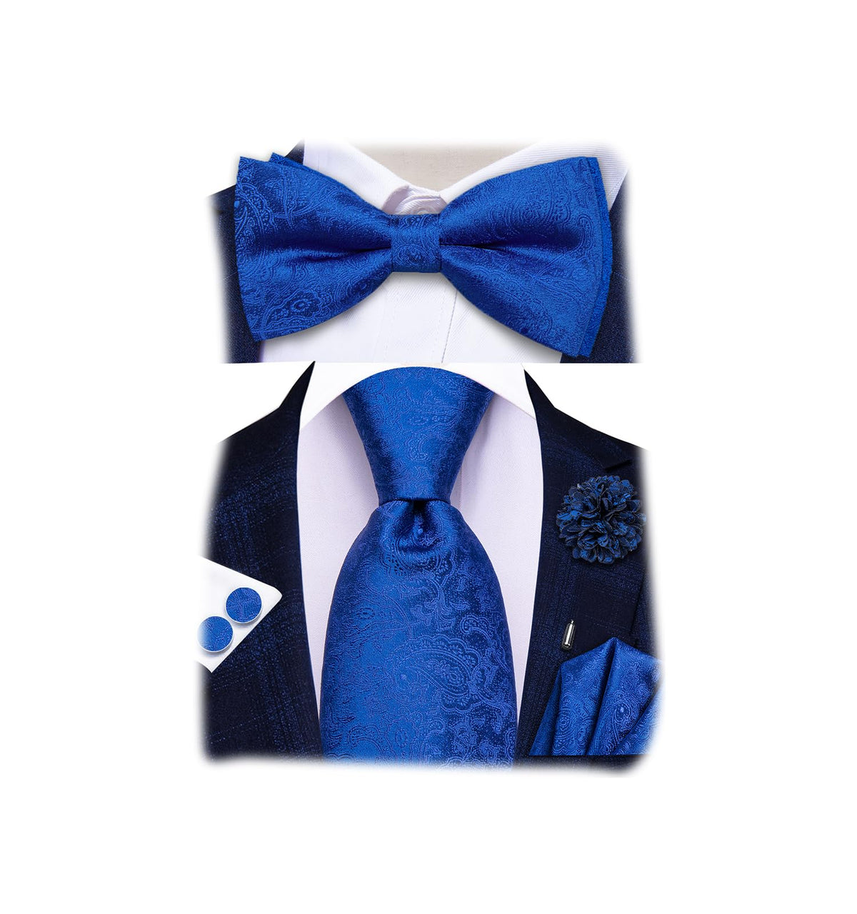 5Pcs Mens Solid Tie Satin Bowtie Lapel Pin Handkerchief Cufflink