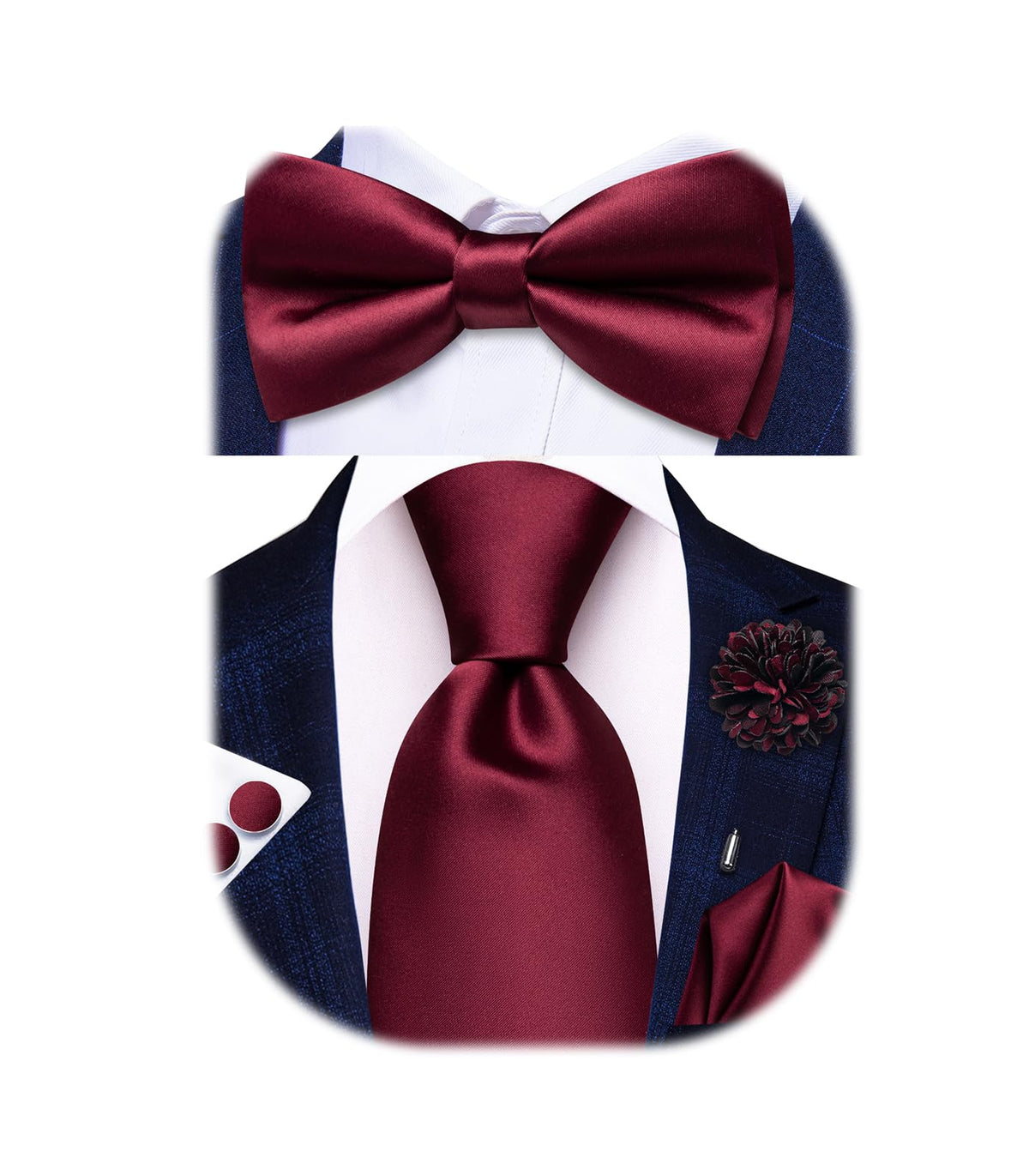 5Pcs Mens Solid Tie Satin Bowtie Lapel Pin Handkerchief Cufflink